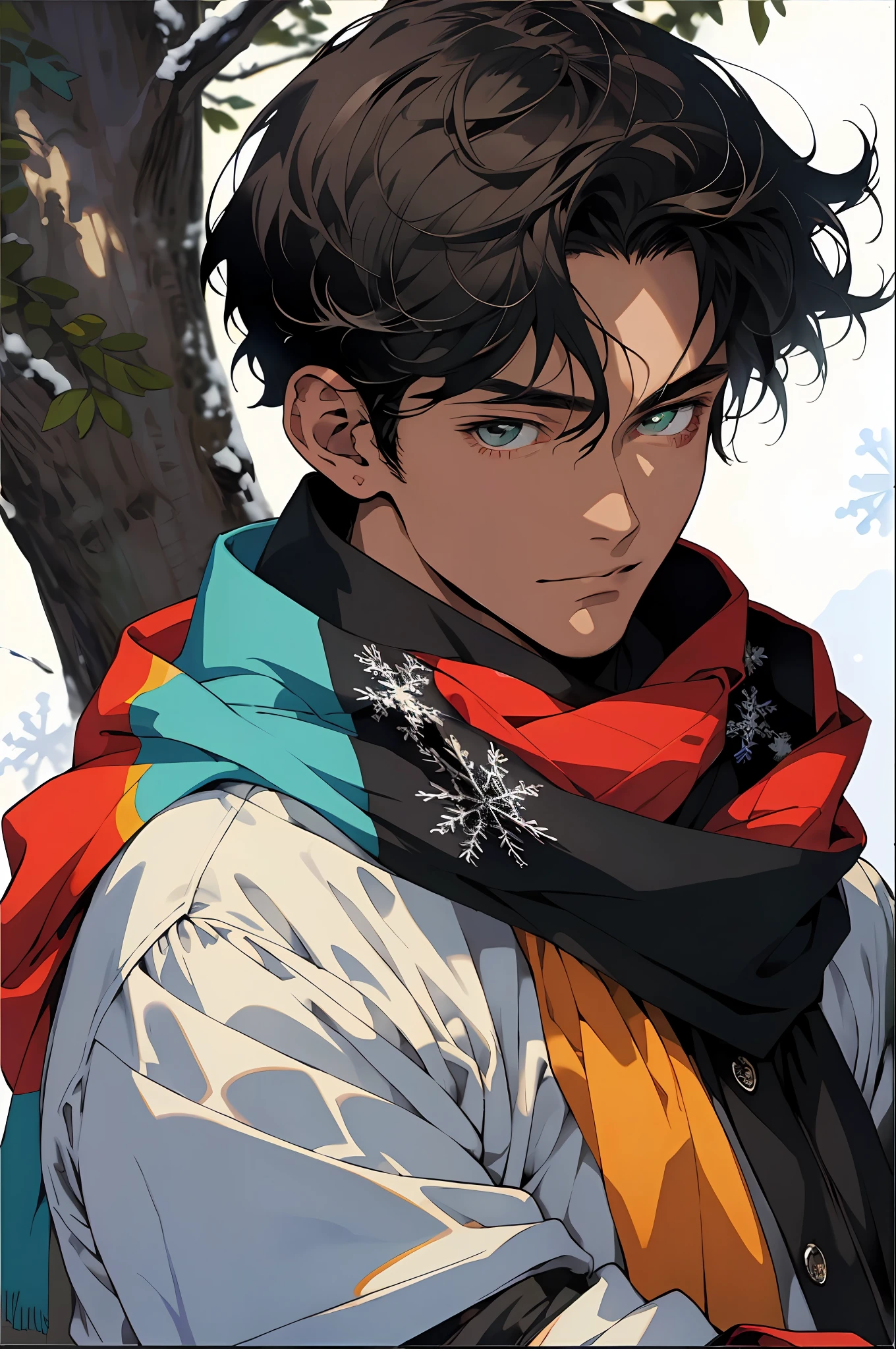 Realistic, (masterpiece, top quality, best quality, official art), very detailed, colorful, most detailed, gods, short hair, black hair, handsome men, snowflakes, scarves, snowfields