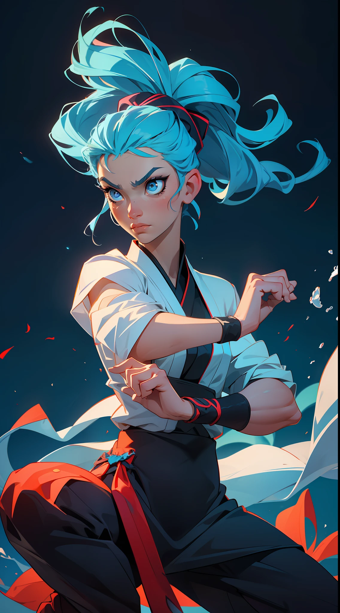 "Intense martial arts action awaits with our (1.2)marital arts fighter, perfectly accentuated by their (1.2)vibrant hair. Catch the fire in (bright blue)eyes as they take on any challenge with (dynamic)pose and fast-paced movements, all searing under the heat of (intense)lighting."
