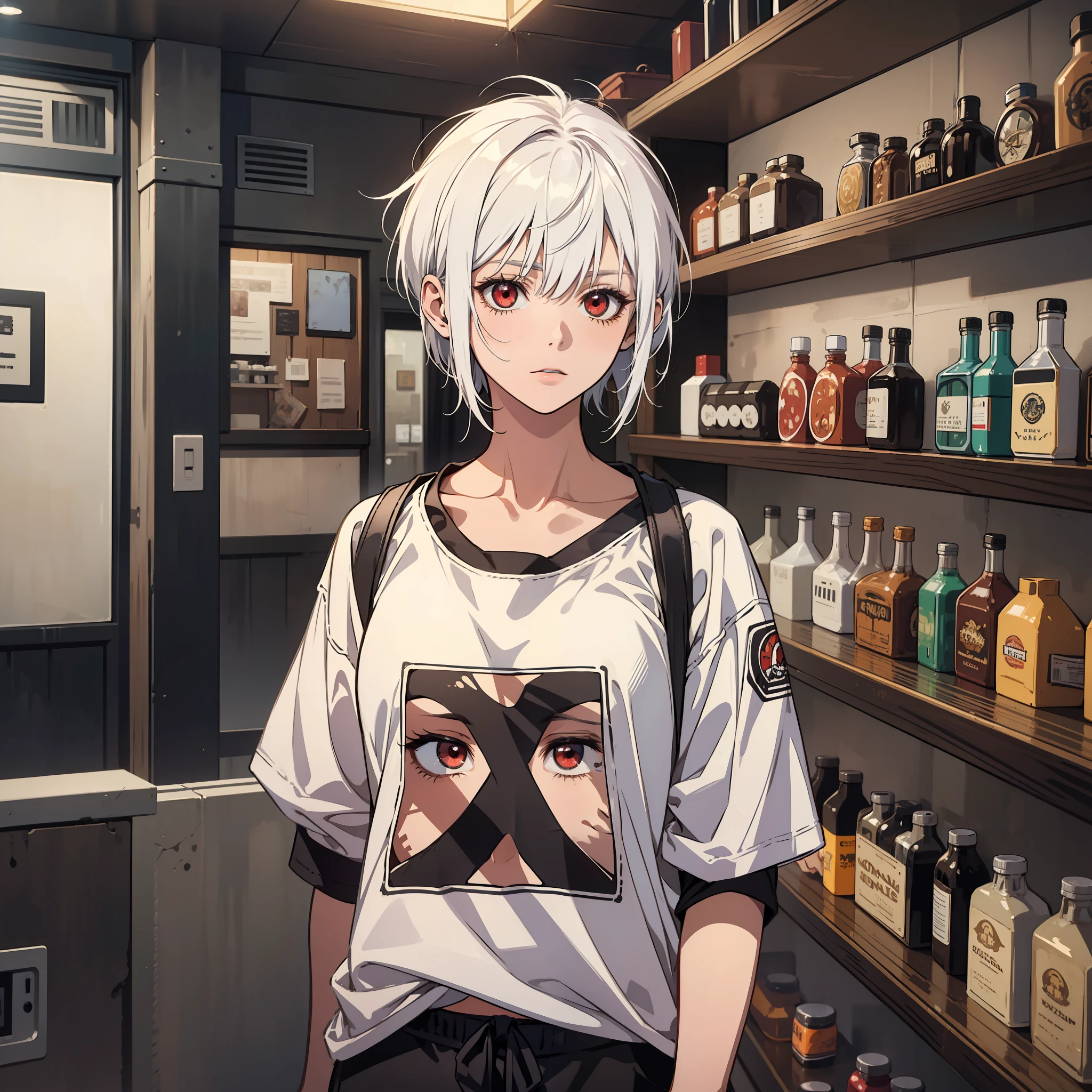 Makima \(Chainsaw Man\), best quality, ultra detailed, 1girl, solo, standing, white hair, short hair, bangs, medium breasts, masterpiece, yandere, casual clothes, upper body, red eyes, good anatomy, (masterpiece), geek room background, does not look at the viewer, night, inside a bar, young clothes, baggy clothes, teenage clothes, skateboarder's clothes, perfect anatomy, tired features,  Looking to the side