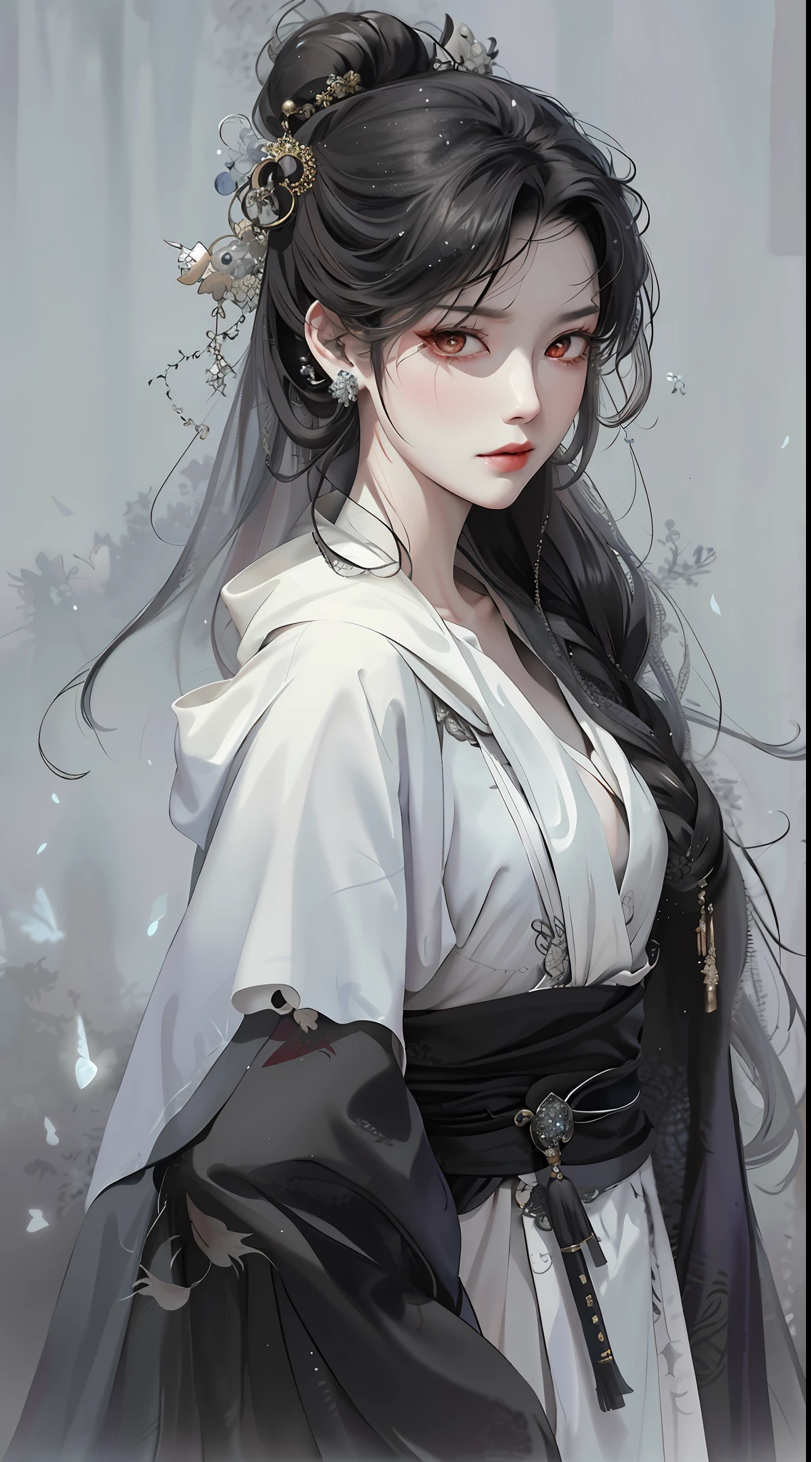 Masterpiece, Superb Style, Rainy Day, Chinese Style, Ancient China, 1 Woman, Light Gauze Dress, Ink Painting, Mature Woman, Silver-White Long Haired Woman, Hair Over Shoulder, Pale Pink Lips, Indifference, Seriousness, Bangs, Assassin, Sword, White Clothes, Blood, Facial Bloodstains, Facial Details, Correct Proportions, This painting was created in Guweiz style and depicts an oil painting of a woman with long hair. The entire painting features a palette of white and black. The woman's face is very realistic female faces, which are loved by the audience. Presented in a meticulous drawing style. The women's white hair is like snow, the eyes seem to be full of watery red eyes, exuding a mysterious atmosphere, the women are dressed in elegant and exquisite clothing, and the whole painting shows a high degree of skill.