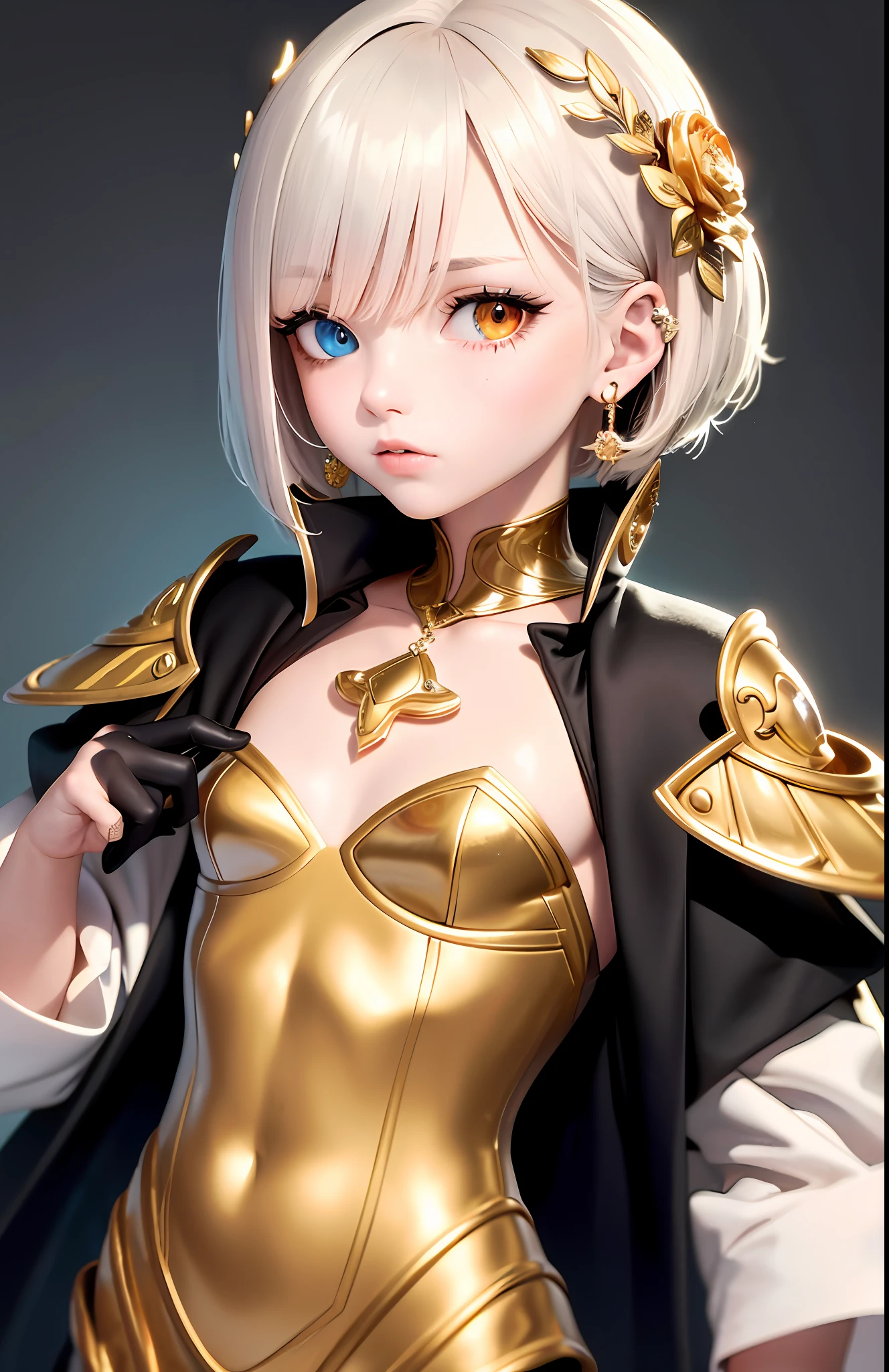 Best, Masterpiece, High Resolution, Best Quality, Ultra HD, Super Detail, Award-Standing, 16k, Solo, (Upper Body), Anatomically Correct, Beautiful Maiden, Cute Face, Highlights, Gradient Beige Hair, Hair Strands, ((Heterochromia)), Long Eyelashes, Hanging Eye Corners, Fair Skin, (Small), (Slim Body), (French Short Jacket), (French_Made_costume), Stud Earrings, (Neck Rings), Very, Very Short Gloves