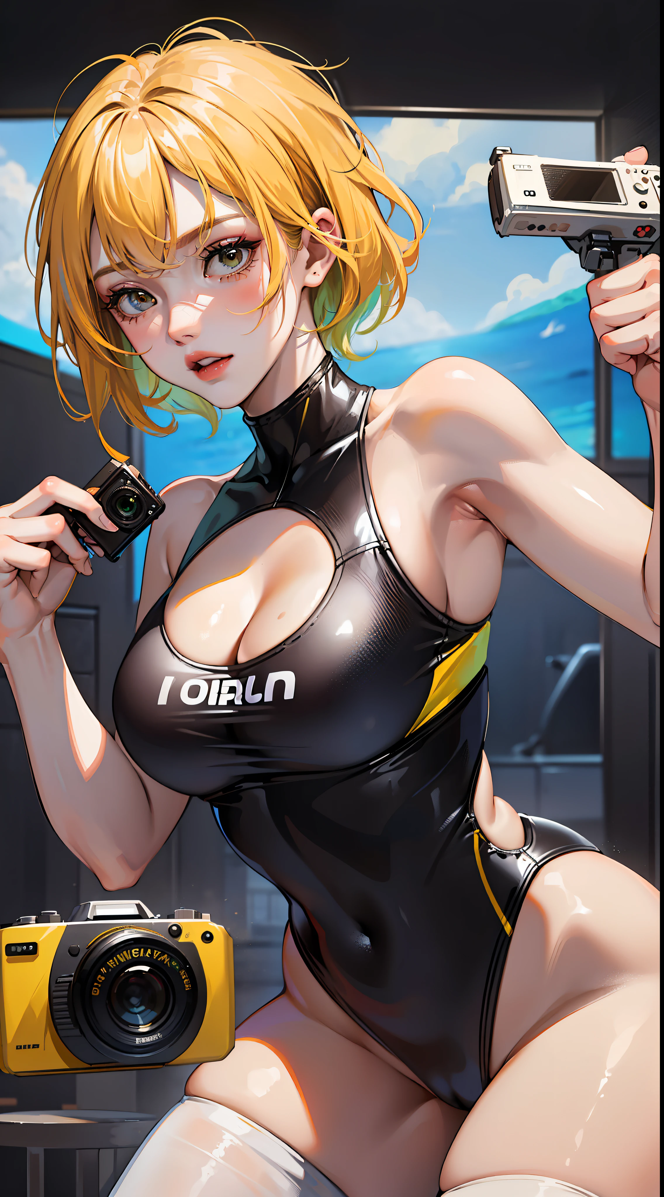 (Press Conference 1.5), (Interview 1.5), (Wide-range Shots), (Countless Cameras), (Flash Shot), (Yellow Hair 1.5) (Ultra Short Hair 1.5), (Cleavage), (Larger Boobs), (Dynamic Movement), (Vivid and Vibrant), (Tight Swimsuit), (Shut Up), (Small and Flexible), (Draped in Oversized White Towel 1.5), (Best Quality)