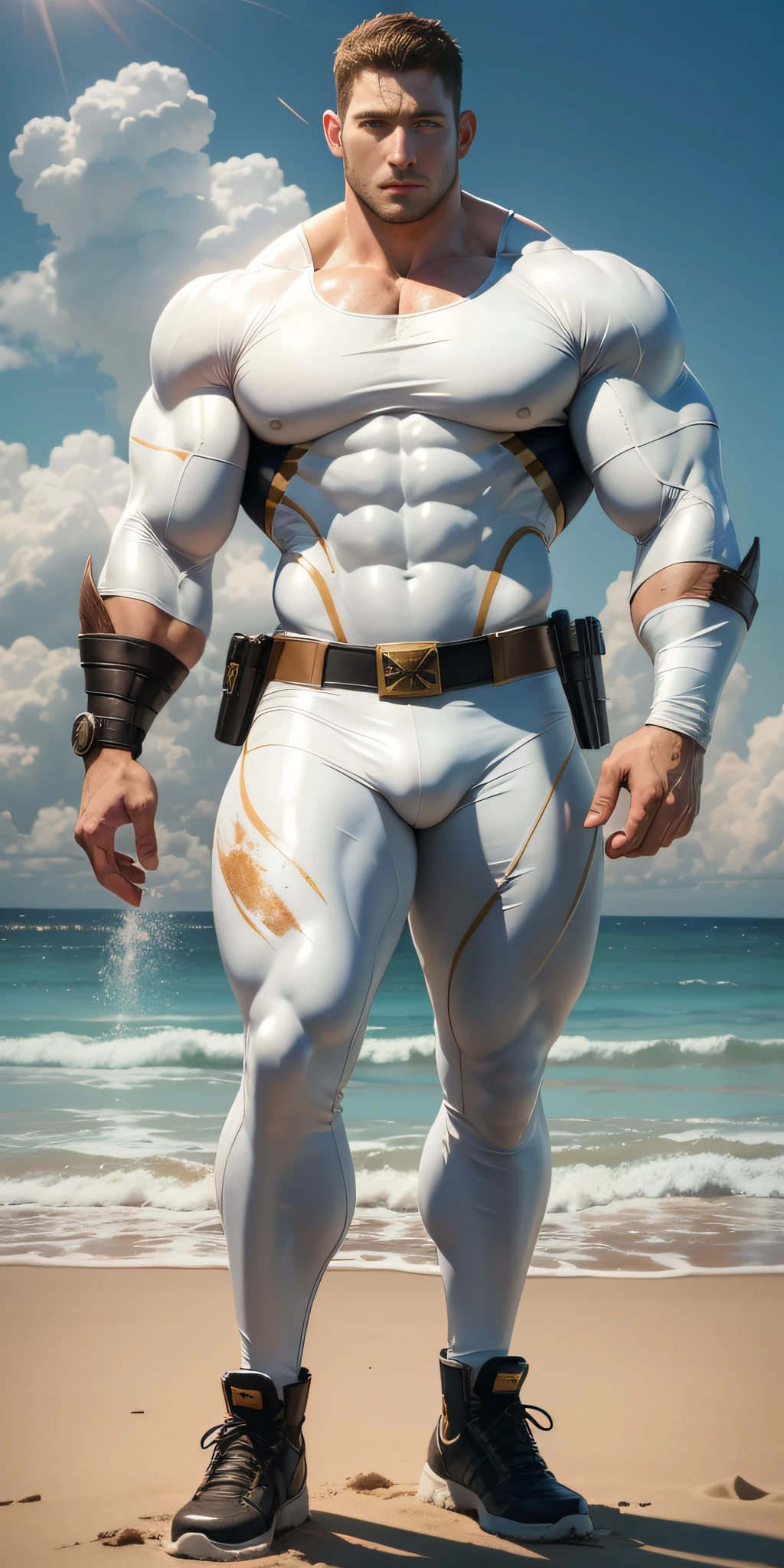 Movie poster, full body, character design (Resident Evil - Chris Redfield, Chris Redfield) wearing a thickened thermal velvet smooth rice cream white spandex suit, standing alone on the sunny beach by the sea, sad expression, deep and charming eyes, emerald-like pupils, muscle male hero, heroic male pose, tall burly, muscular! Sexy charming muscular leg muscles, tall burly and strong, warm thick pile smooth off-cream spandex set, super buff and cool, high resolution commission, cream white combat boots, attractive strong male, sun on the body, lonely