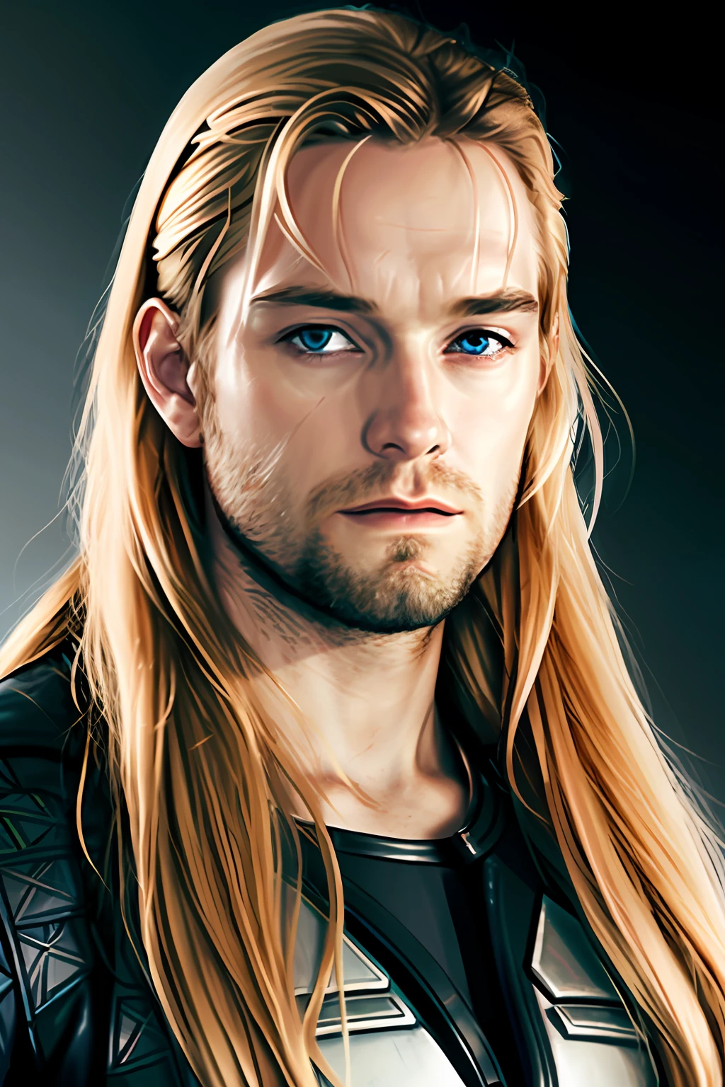 Man, tall, blond, with long hair down to his shoulders. Vampiric and manly features, wearing black panther skin, and with two swords on his back, light blue eyes, in an African setting