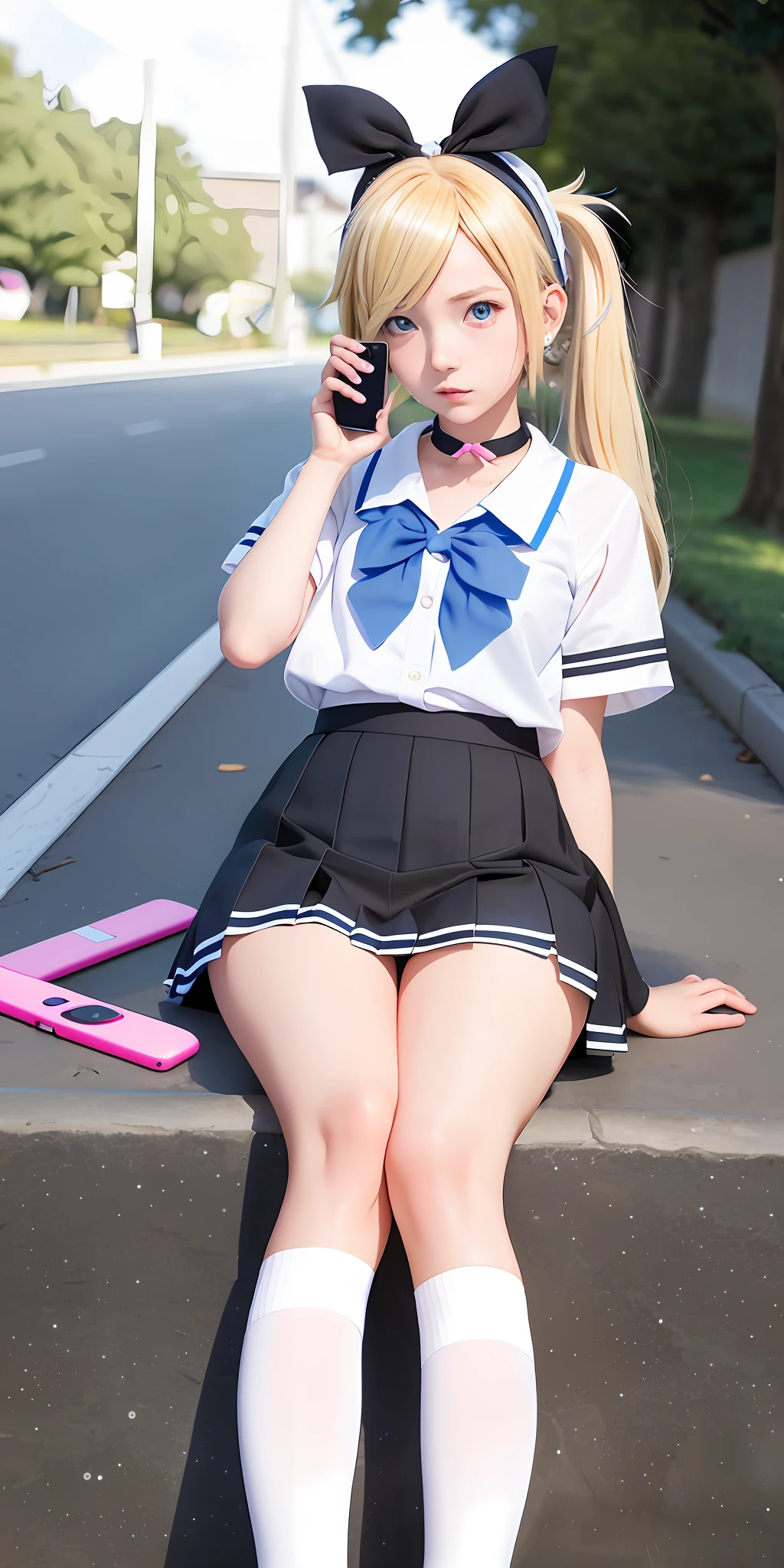 Kagamine rin, schoolgirl clothes, blonde hair, blue eyes, pink lips, long hair, white socks, choker with a blue bow, using cell phone