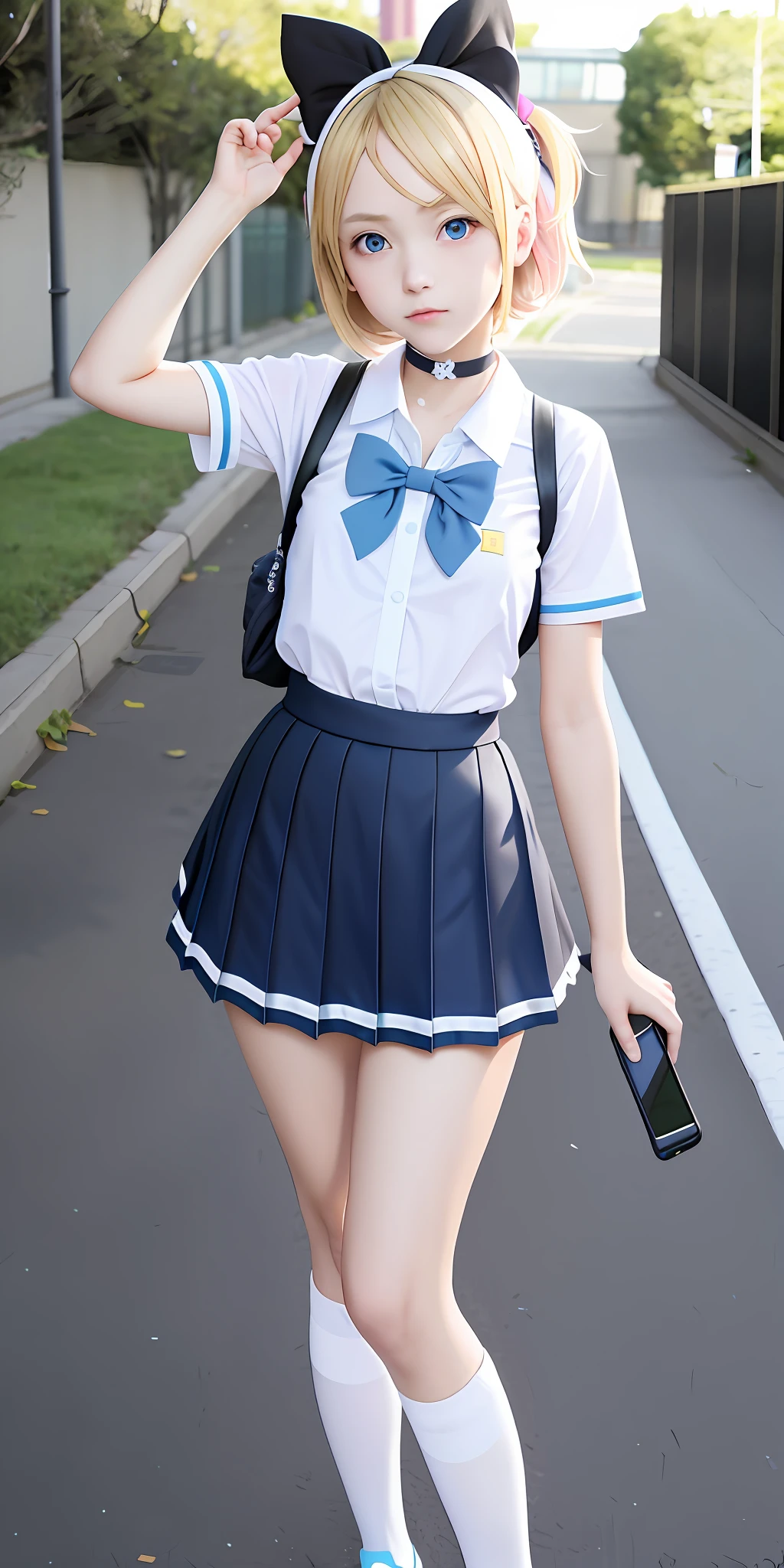 Kagamine rin, schoolgirl clothes, blonde hair, blue eyes, pink lips, long hair, white socks, choker with a blue bow, using cell phone