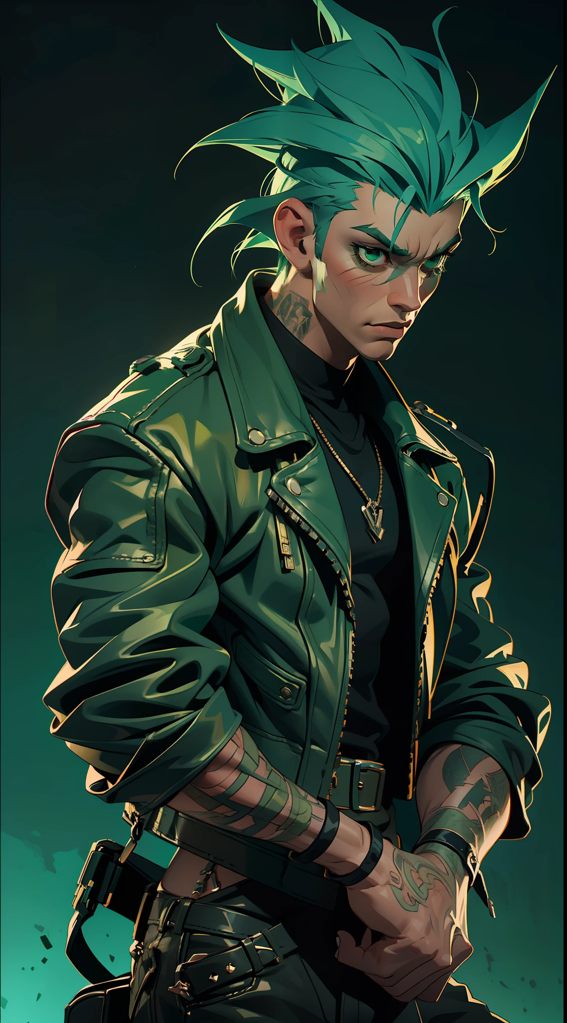 "((Best quality)), ultra-detailed realistic rendering with a rock and roll inspiration. An edgy and rebellious figure donning a green hair and leather jacket with a slim build. High contrast lighting and gritty feel bring an edgy vibe to the scene, in the background a rock stage"