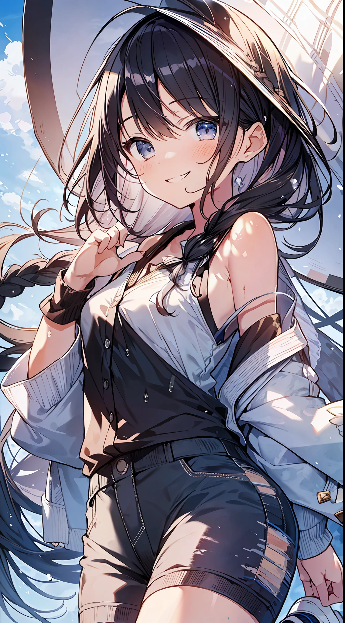 Top Quality, Masterpiece, Ultra High Definition, 8K, Summer Sky, Early Summer, (Pants, Sheer Cardigan, Sneakers), Shojo Manga Style Loli, One, Soft Line Art, Digital Enhancement, Shoujo Manga Touch, Shojo Manga Core, Flowing Fabric, Close Up, (Shoulder Length and Short Braid)), Wet Hair, Soft Drawing, Beautiful Black Hair, Clear Eyes, ((Teasing smile)) , Ultra-detailed digital anime art, clear face depiction, ultra-detailed shoujo manga character art, clear facial features, ultra-detailed manga style, top quality colors, hand gestures, landscape with nature, looking up at the sky, angle to see up to your feet, running