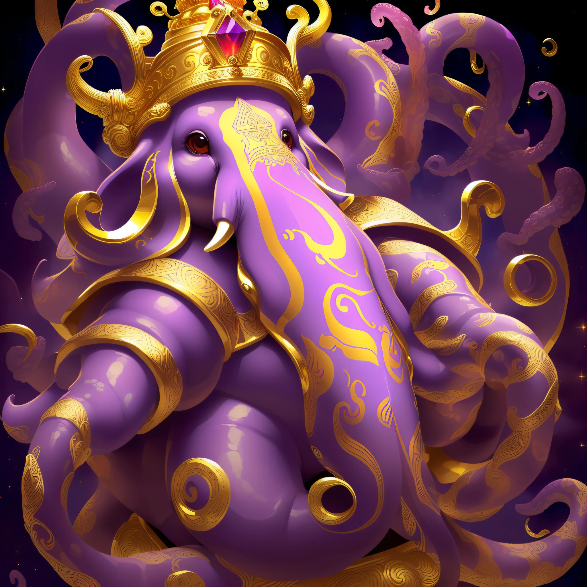 cephalopod, (cephalopod), purple tentacles, hindu god, white tusks, purple elephant trunk, giant red gem with gold, white red and gold robe-armor, gold crown with gold ribbons, sword held in a tentacle, masterpiece, Best Quality
