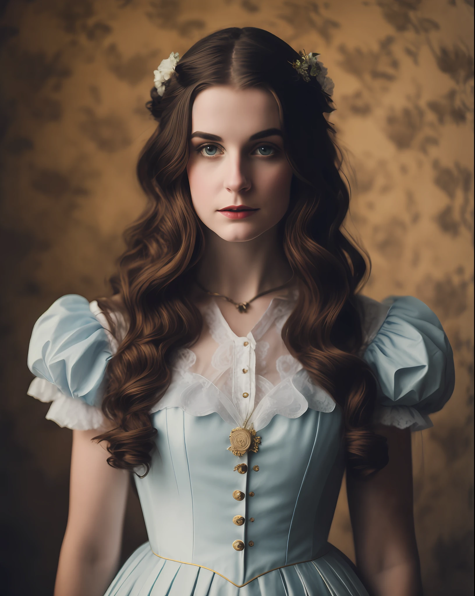 arafed woman in a blue dress with a flower in her hair, a beautiful victorian woman, young victorian sad fancy lady, victorian style costume, gothic princess portrait, photography portrait 4 k, elegant victorian vampire, victorian female portrait, rococo style portrait, fine art portrait photography, victorian inspired clothing, 8k artistic portrait photography, romanticism portrait, victorian lady