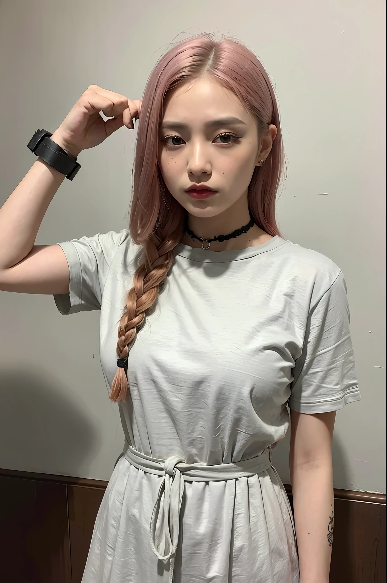 (8k:1.27), best quality, masterpiece, ultra highres:1.2), two arrested lesbian goth delinquent girls with arm tattoos, tattooed girls, full body picture, holding hands, kissing each other, orange oversized knotted prisoner t-shirt with black letters, short big sleeves, orange inmate prison uniform, dyed pink hair, dyed blonde hair, short bob hairstyle, hair pulled back, in a prison cell, handcuffed, hands tied with rope, submissive neck choker, 4k or 8k picture, looking sad, paisley bandana ribbon hairband, nose septum piercing, wearing dirty old clothes