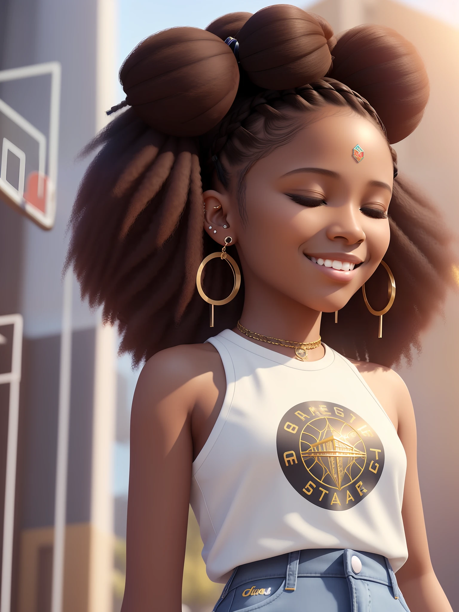 3D rendering of girl (dark brown skin color) beautiful, afro-Brazilian, open and beautiful smile, thick lips ((basketball court)) ((eyes closed)), ((chibi)) wearing t-shirt and jeans, current fashion, long ksnekalon hair braided afro (((accessories, earrings)), street background, sunny day, close-up, product vision, detailed facial details, perfect face, trendy art, Crisp facial details, CGSsociation, ultra-quality digital art, hyper-exquisite details, soft lighting 4K, 8K, dreamy, fashion, unreal engine rendering