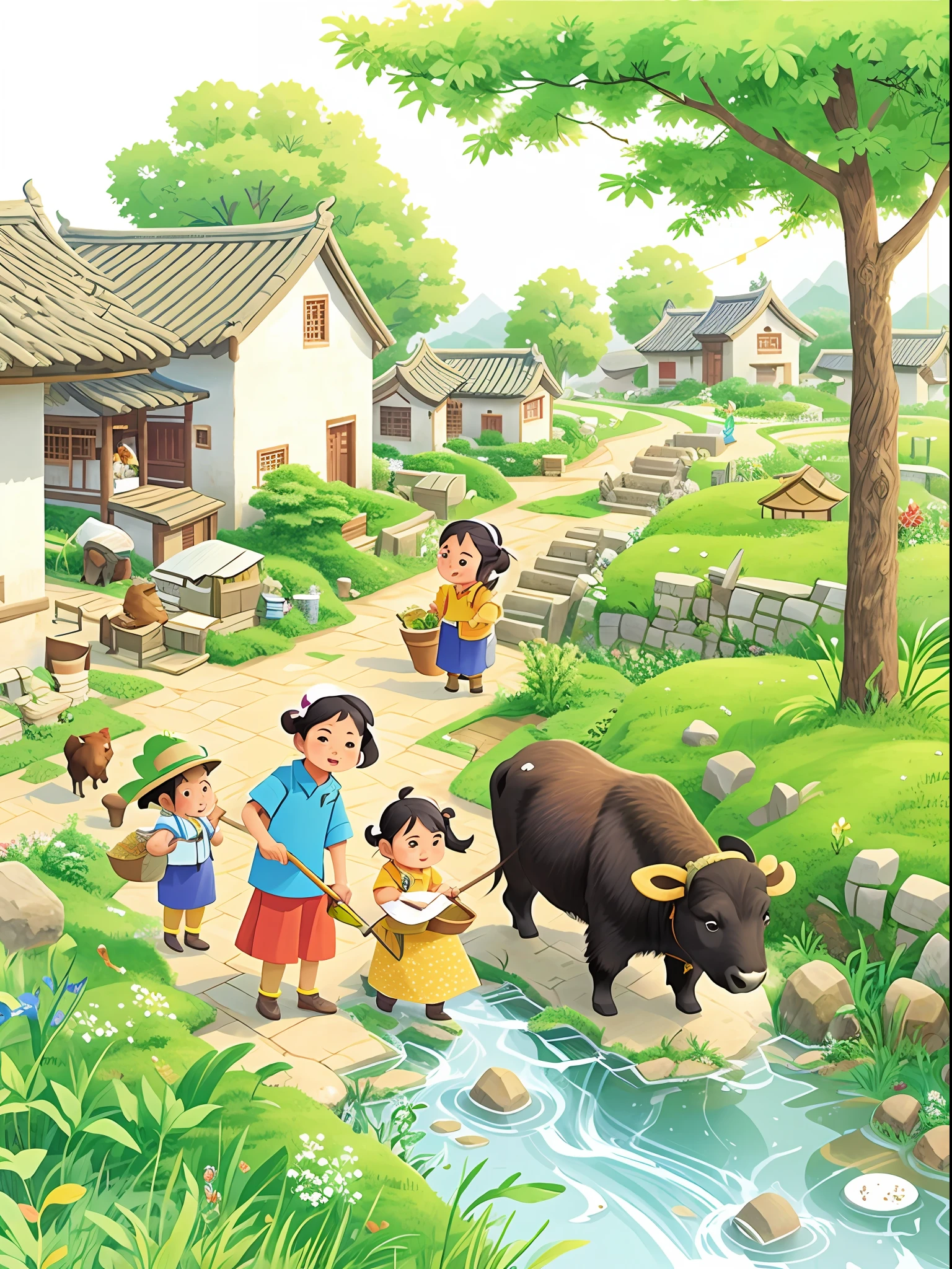 Farming, Chinese villages, buffalo and girls, villagers Yang Bolun and Li Song, Zhu Lian, Yoshida Chizuko and Ma Yuanyu together in a busy, picturesque old village.