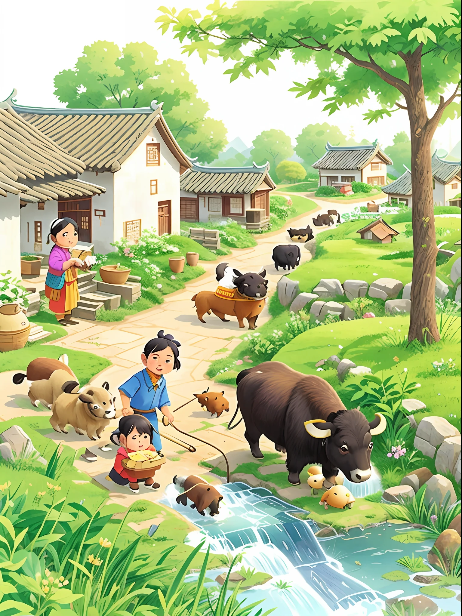 Farming, Chinese villages, buffalo and girls, villagers Yang Bolun and Li Song, Zhu Lian, Yoshida Chizuko and Ma Yuanyu together in a busy, picturesque old village.