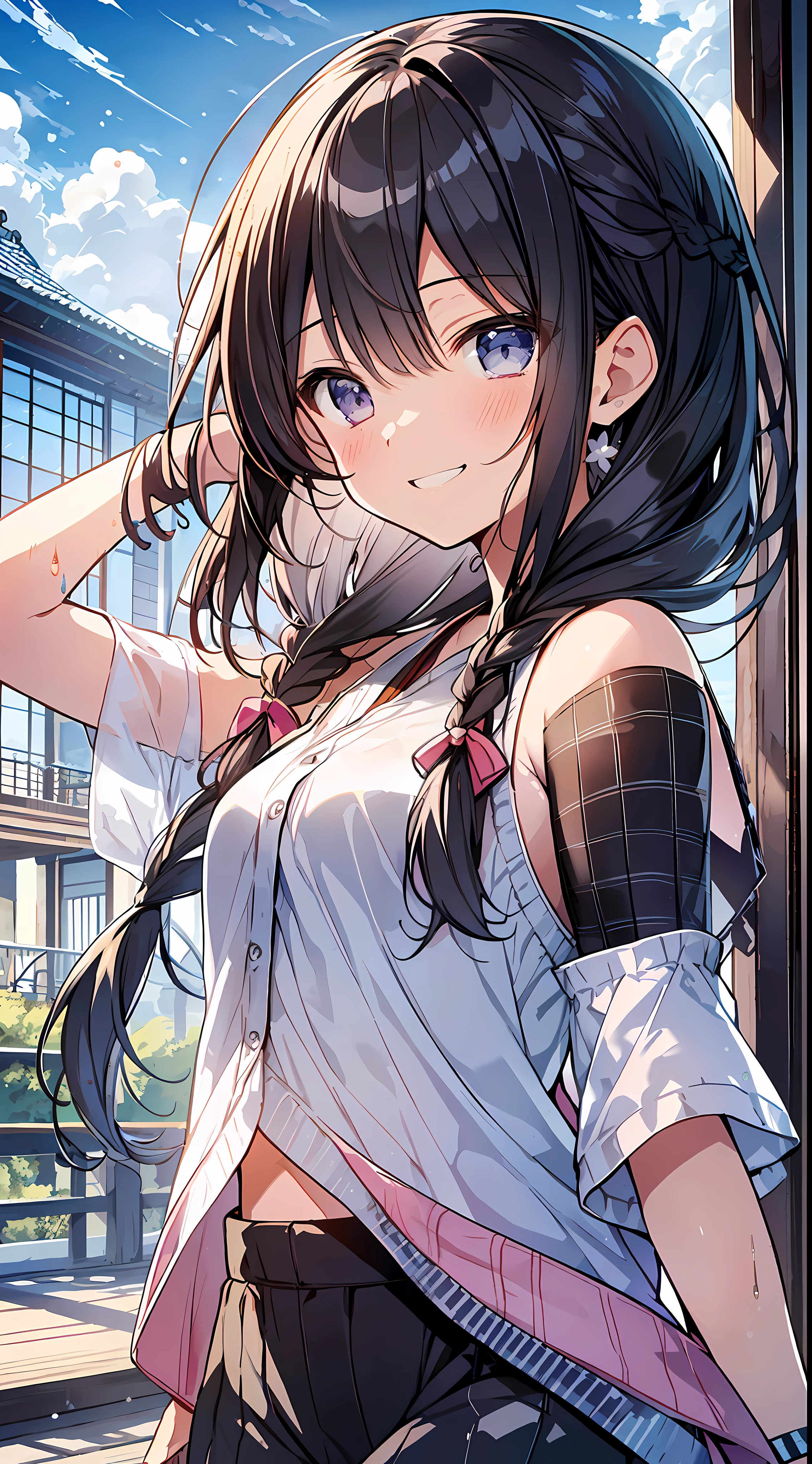 Top Quality, Masterpiece, Ultra High Definition, 8K, Summer Sky, Early Summer, (Pants, Sheer Cardigan, Sneakers), Shojo Manga Style Loli, One, Soft Line Art, Digital Enhancement, Shoujo Manga Touch, Shojo Manga Core, Flowing Fabric, Close Up, (Shoulder Length and Short Braid)), Wet Hair, Soft Drawing, Beautiful Black Hair, Clear Eyes, ((Teasing smile)) , Ultra-detailed digital anime art, clear face depiction, ultra-detailed shoujo manga character art, clear facial features, ultra-detailed manga style, top quality colors, hand gestures, landscape with nature, looking up at the sky, angle to see up to your feet, jump