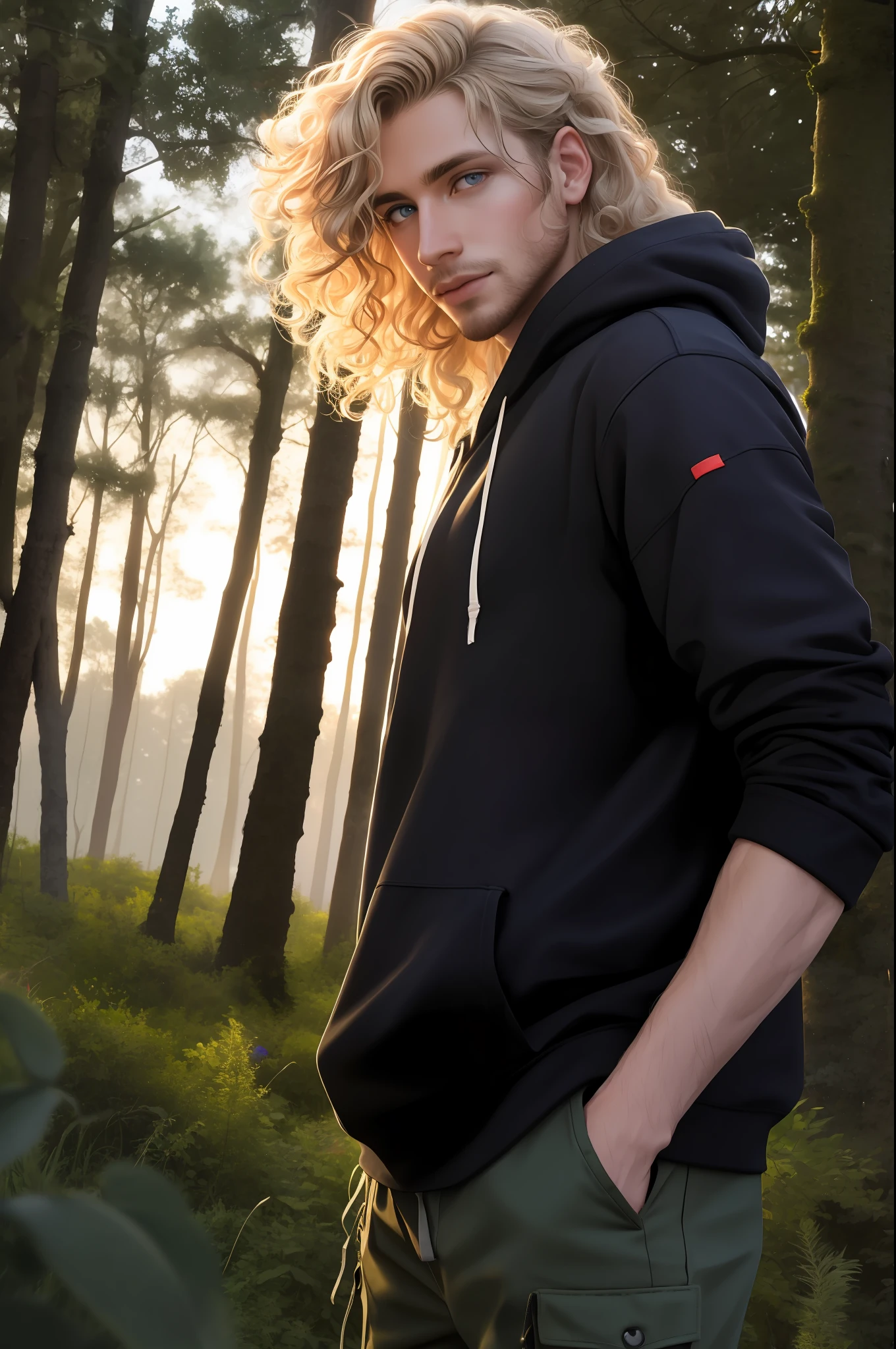 masterpiece, best quality, highres, close-up portrait, ((wide angle)) male focus, solo focus, man in thirties, white-blond, long curly hair, pale eyes, handsome, man, dark tan skin, wearing a flannel hoodie, in cargo pants, in a forest, (dusk), looking in the distance, incredible composition, seen from the side, HDR, volumetric lighting,