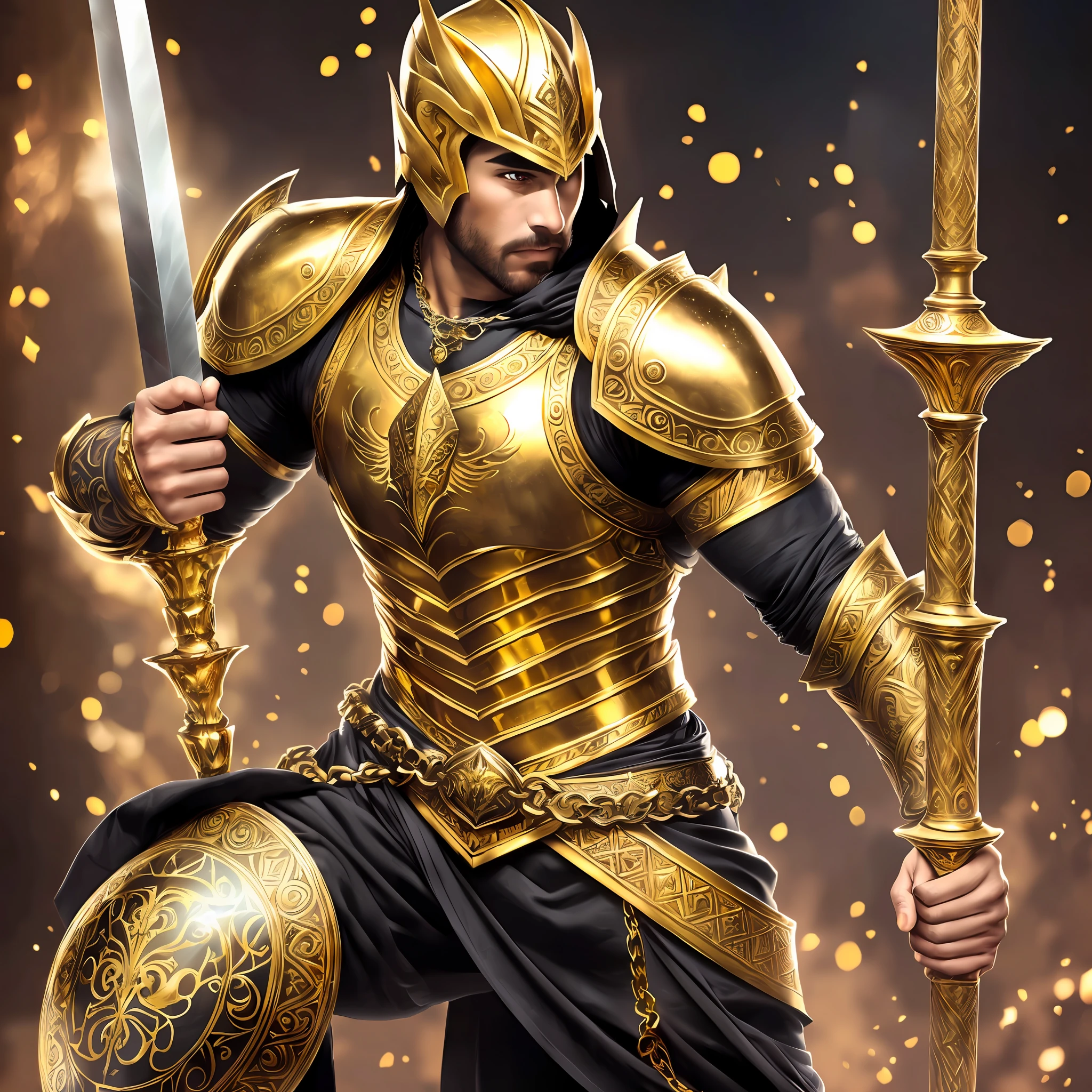 A handsome, athletic man with golden chain tattoos wearing full gold armor, he carries a one-handed golden sword and a shield with hourglass design, dark fantasy, deep fantasy, ultra realistic, accurate focus, blurred background