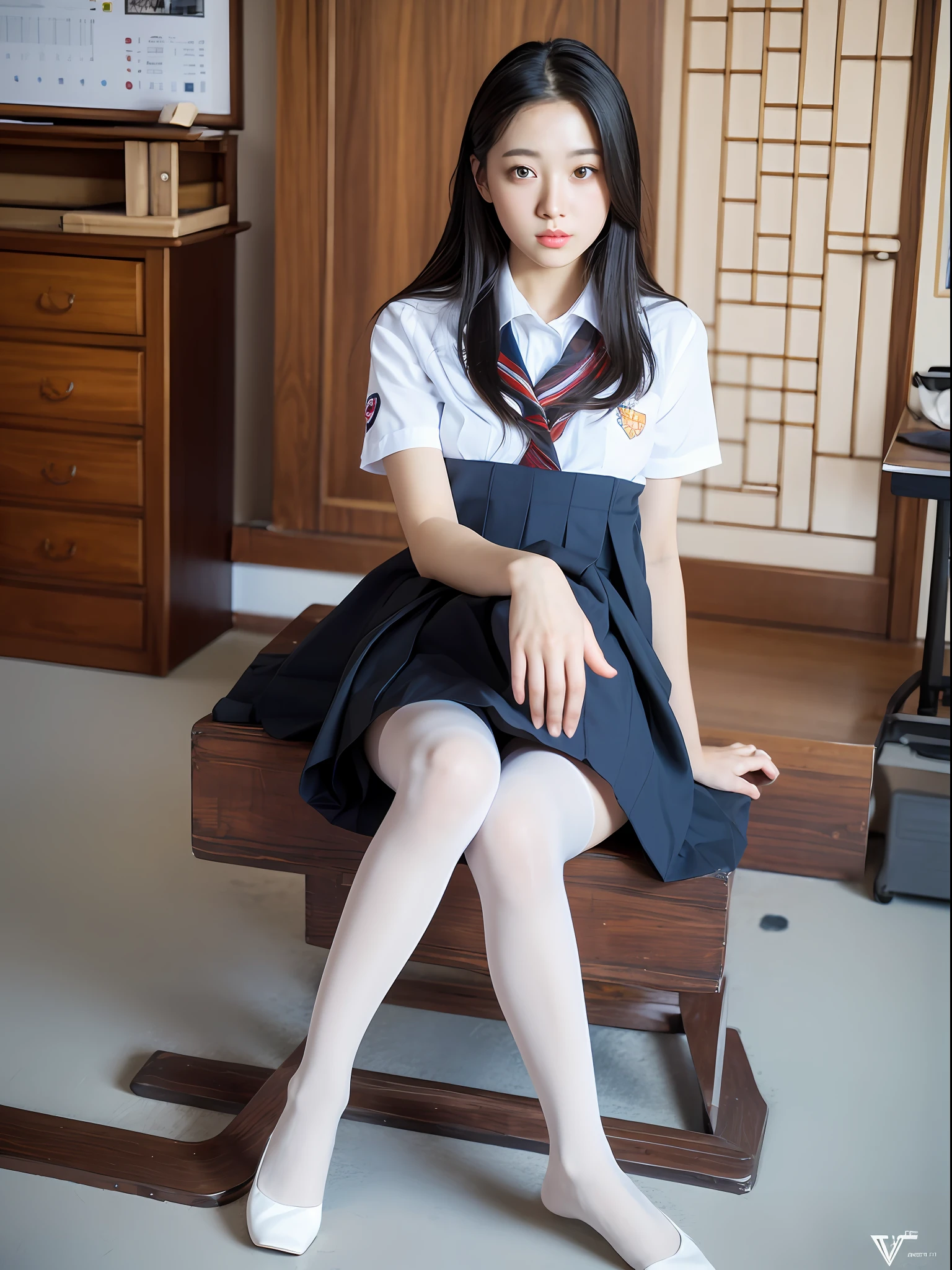 ulzzang-6500-v1.1, (raw photo:1.2), (photorealistic:1.4), beautiful detailed girl, very detailed eyes and face, beautiful detailed eyes, ridiculous, incredibly ridiculous, huge file size, super detailed, high resolution, very detailed, best quality, masterpiece, kemomimi, ((Japanese girls' high school uniform)), illustration, very detailed, CG, unified, 8k wallpaper, amazing, Fine details, masterpiece, best quality, very detailed CG uniform 8k wallpaper, light on face, cinematic lighting, 1girl, 16 years old, ((no panties)), ((dynamic pose))), (camel toe), (half), (pantyhose), (knee-bending leg sitting))