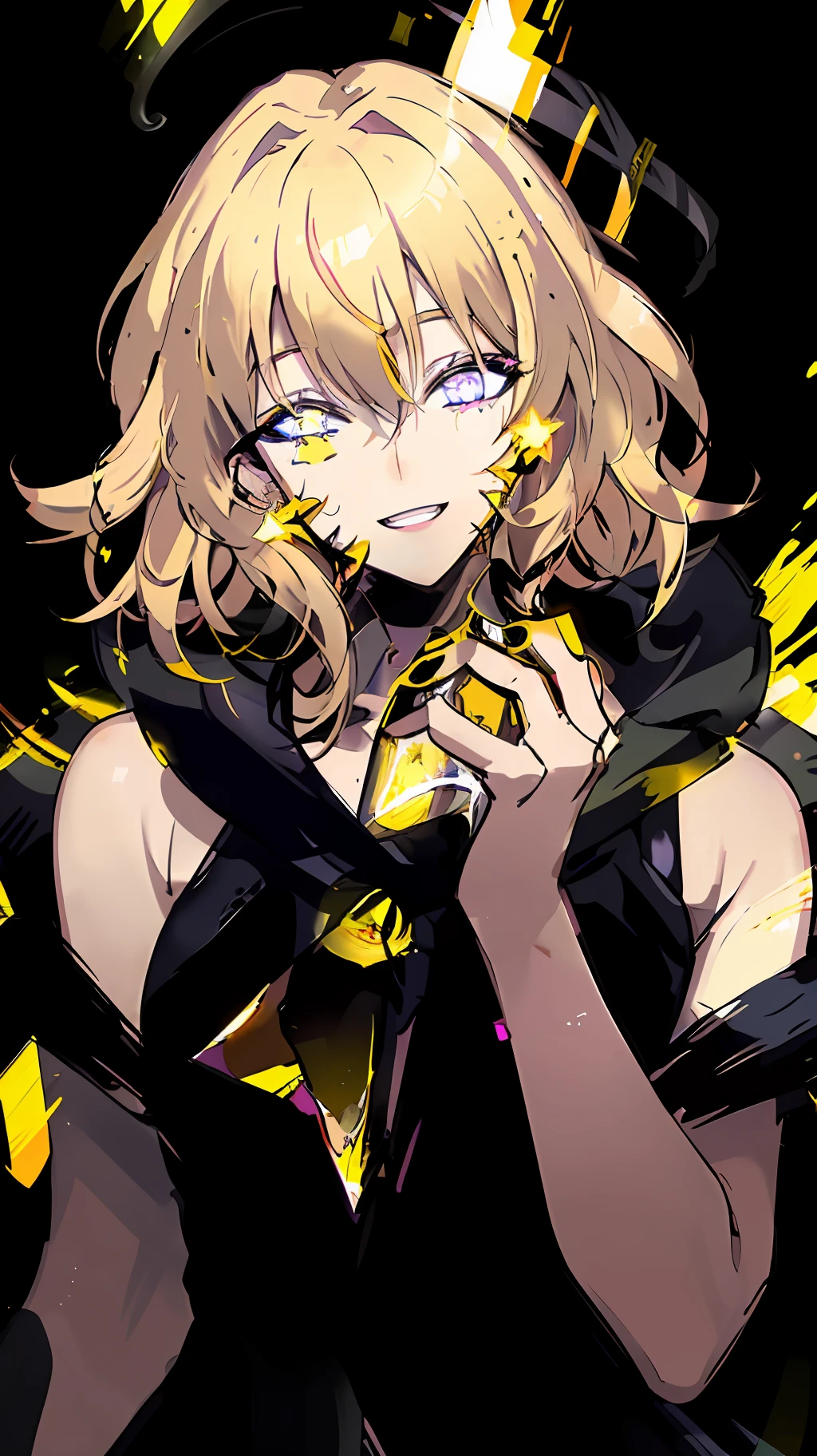 original character , 1girl, (crazy smile:1.2) , blonde hair , bangs , crazy eyes , hands on face , yellow blood splatter on face , yellow and black color scheme, open mouth, (wide-eyed:1.2), glowing eyes, left star shaped eye, star shaped eye, pink eyes, pink eyes