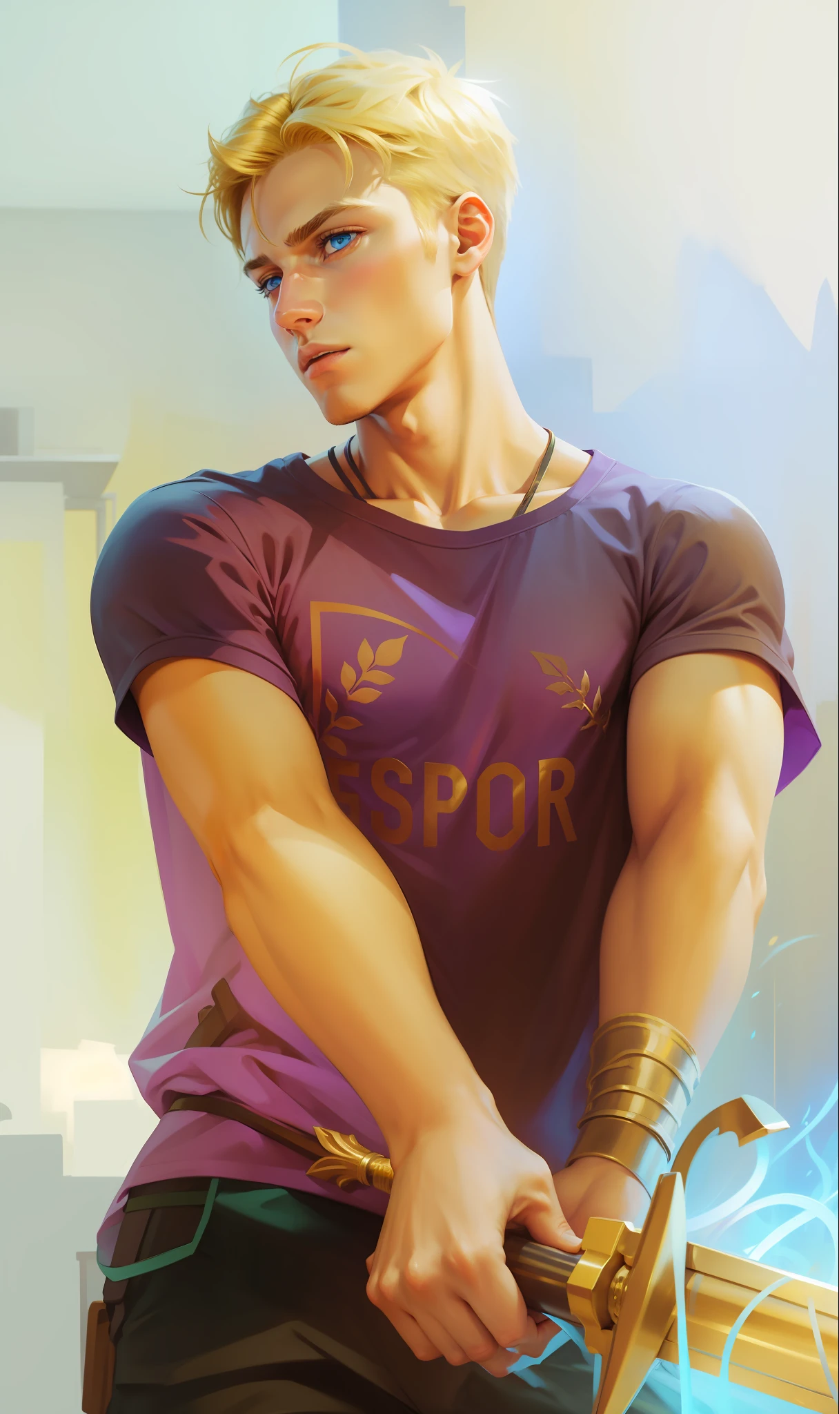 4k, realistic, very detailed, Male teenager, blonde hair, detailed light blue eyes, wearing purple T-shirt written "SPQR". Holding a golden sword