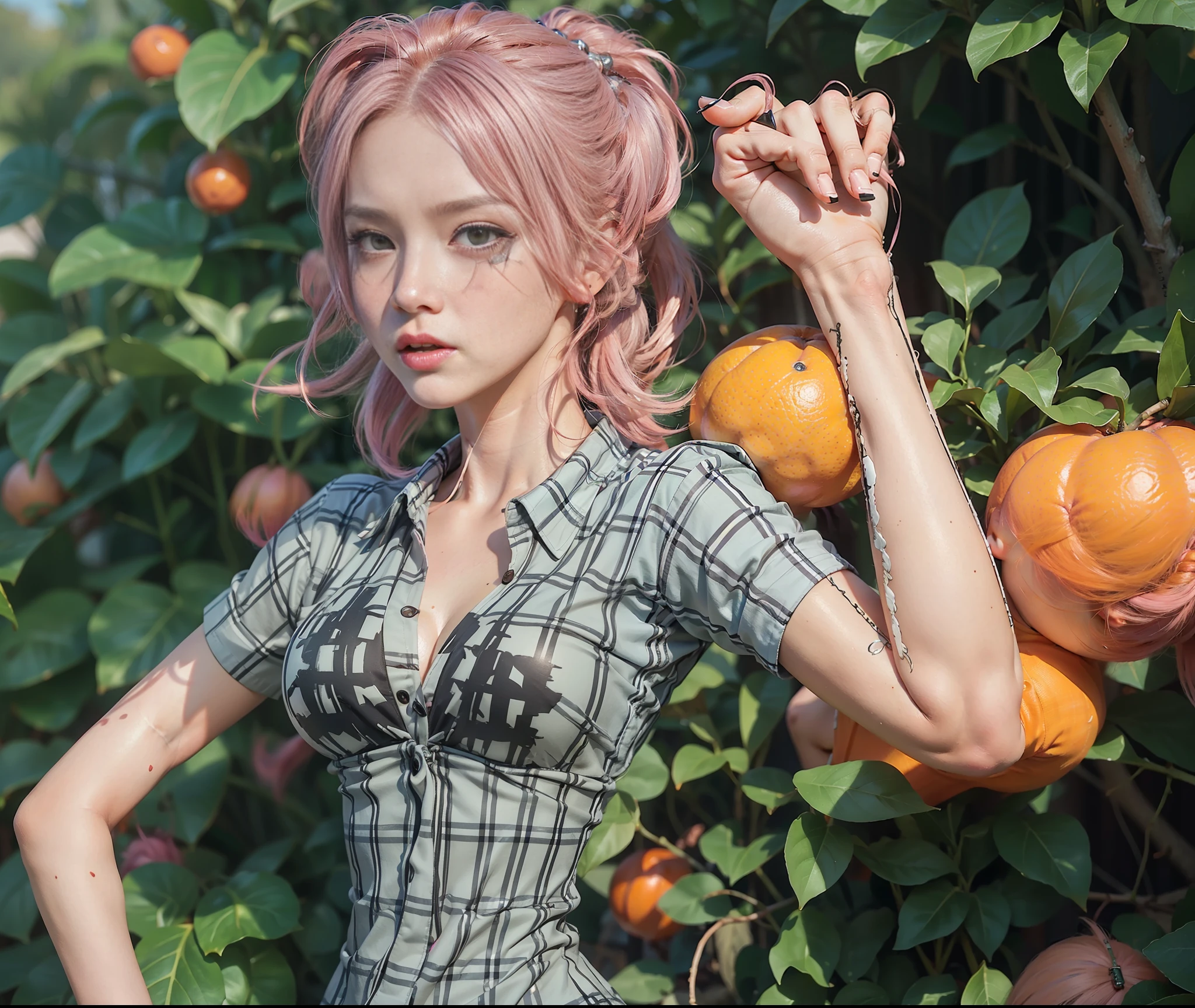 (female:1.2) (bodybuilder:0.8), hyper realistic, masterpiece, photorealistic, real skin, detailed face, detailed skin, detailed lighting, 1women, (pink hair) , ponytail hair, mohawk side hair, side cut hairstyle, closed mouth, cigarette, large breasts, cleavage, angry face, plaid, orange grove background