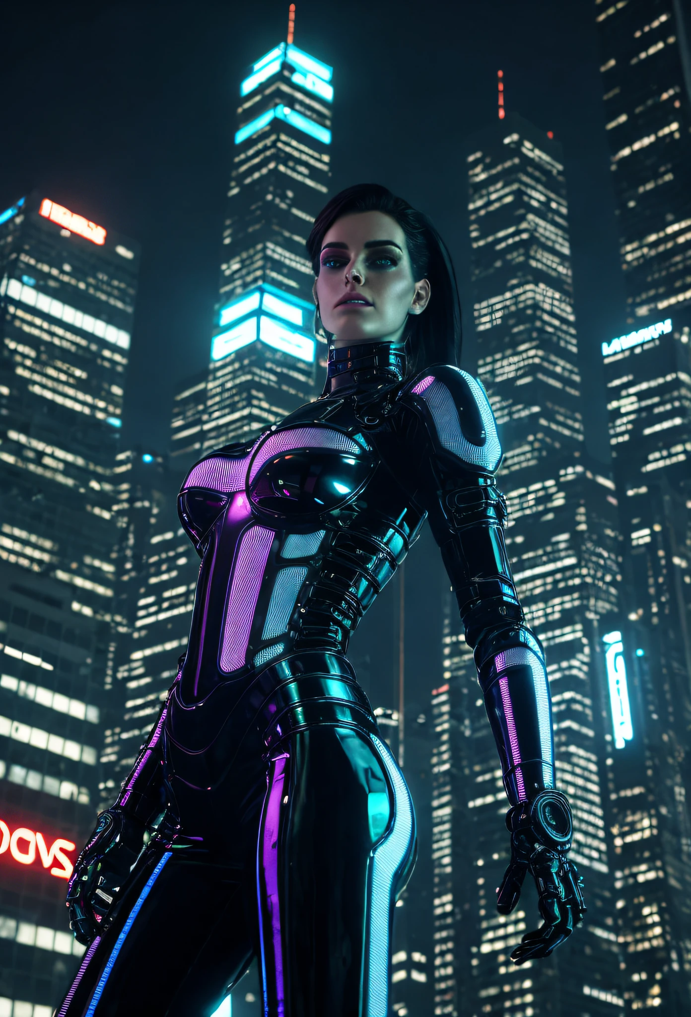 taken with iphone camera BREAK selfie medium shot of one, high quality, Cybernetic Woman in a Futuristic Cyberpunk City
An imposing cybernetic woman, with a full body on display, is depicted in a futuristic cyberpunk city. His eyes sparkle with intense neon, reflecting the cityscape filled with dystopian skyscrapers, holographic advertisements and flying vehicles amid a night sky lit by vibrant neons. The cybernetic woman sports a shiny metallic skin, covered in intricate cybernetic details and circuit tattoos. His posture is confident and challenging