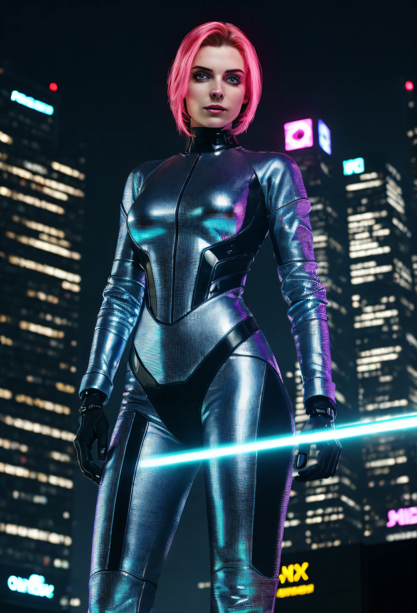 taken with iphone camera BREAK selfie medium shot of one, high quality, Cybernetic Woman in a Futuristic Cyberpunk City
An imposing cybernetic woman, with a full body on display, is depicted in a futuristic cyberpunk city. His eyes sparkle with intense neon, reflecting the cityscape filled with dystopian skyscrapers, holographic advertisements and flying vehicles amid a night sky lit by vibrant neons. The cybernetic woman sports a shiny metallic skin, covered in intricate cybernetic details and circuit tattoos. His posture is confident and challenging