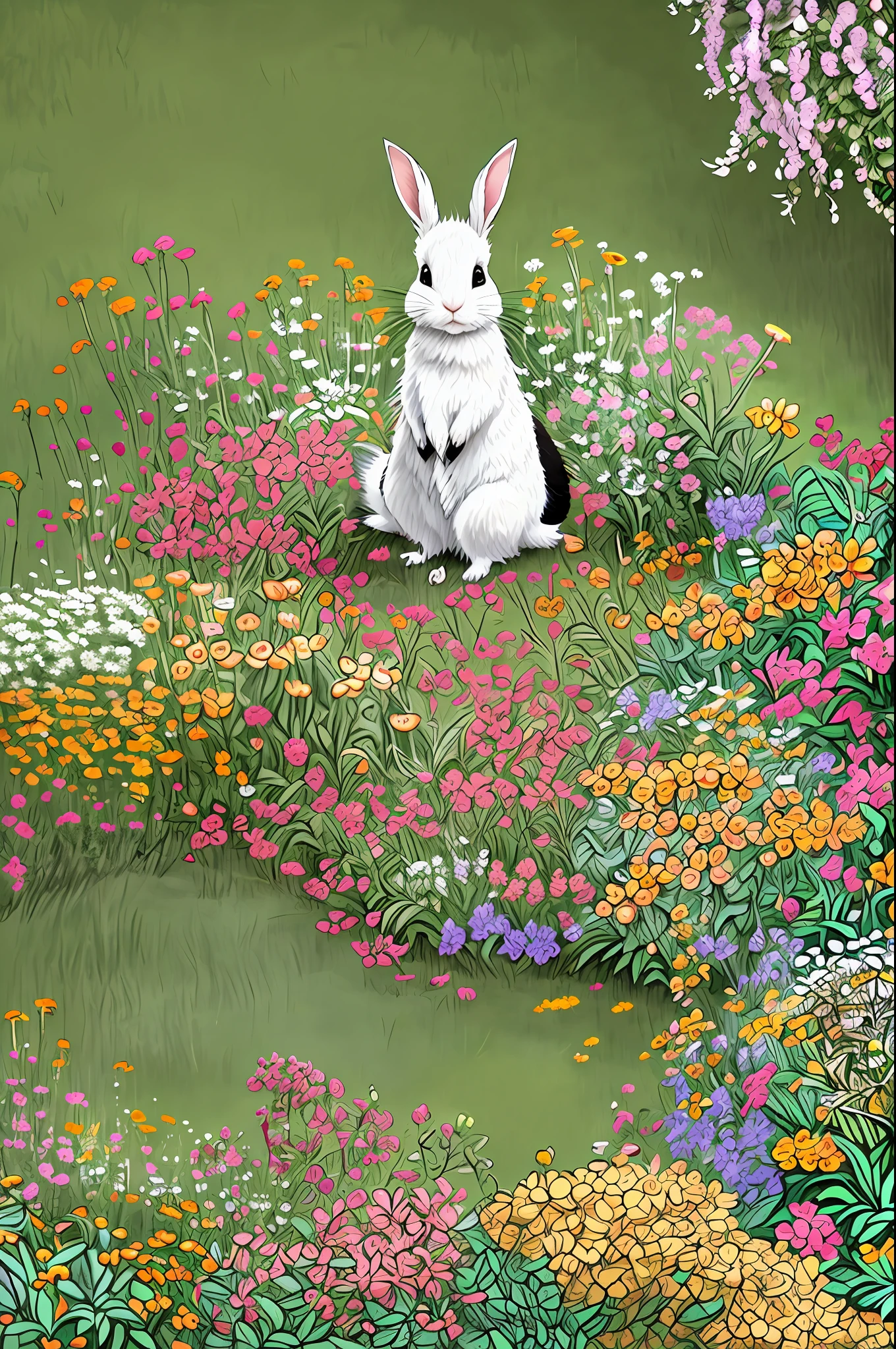 Highly detailed, coloring book style, cute and fluffy rabbit in flowered garden, chinese, monochrome