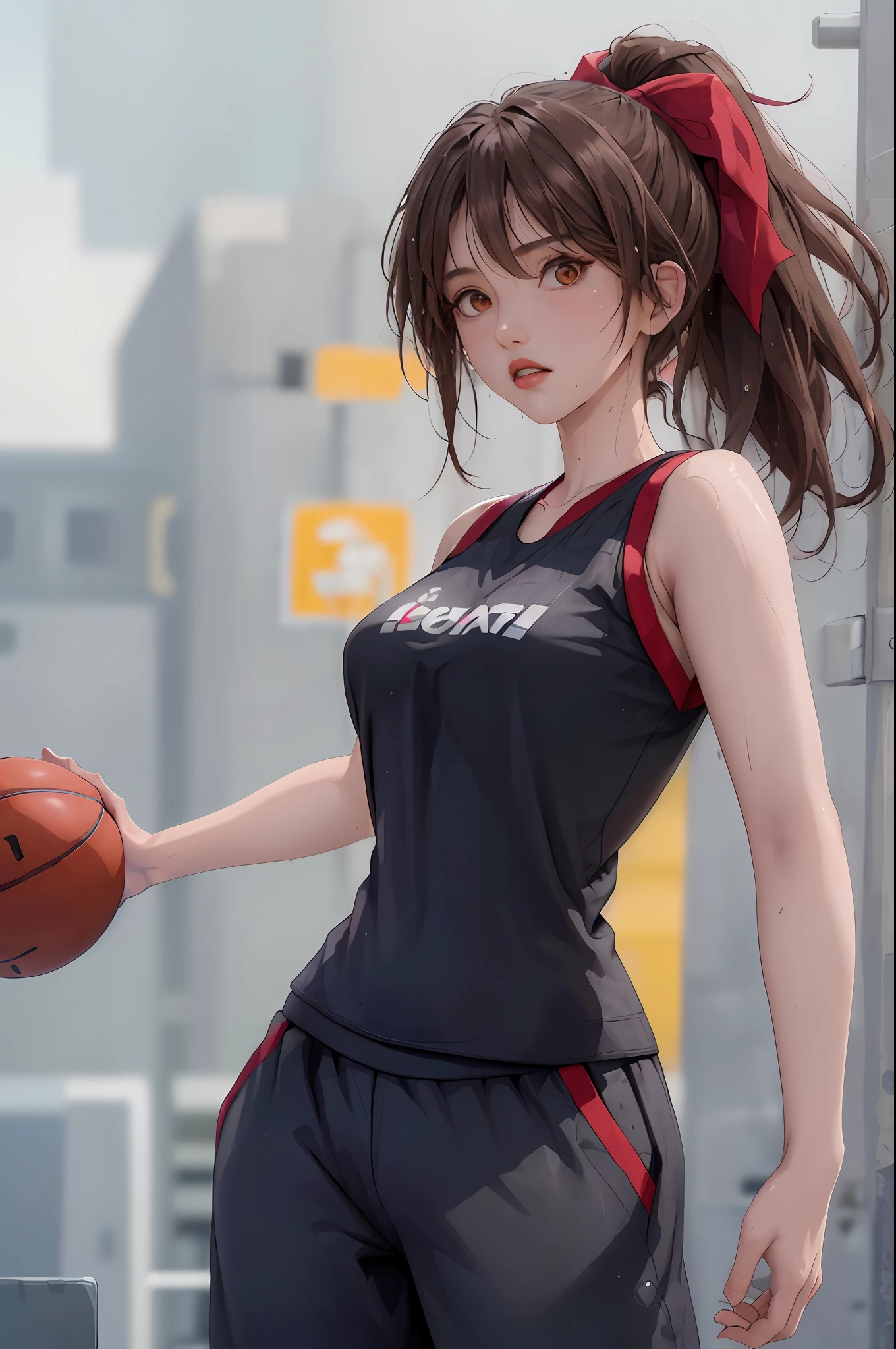 Masterpiece: 1.2, best quality), realistic, (real picture, rich details details, depth of field), (1girl, solo), makeup, cleft lip, high detail, perfect face shape, (small breasts: 1.4), (skindentation), thick thighs, Wide hips, thin waist, tall, coral, red lips, red eyes, ponytail, ((((basketball girl, black basketball suit, mid-length pants))), (sweat: 1.2), (wet), sexy, blushing, sweaty