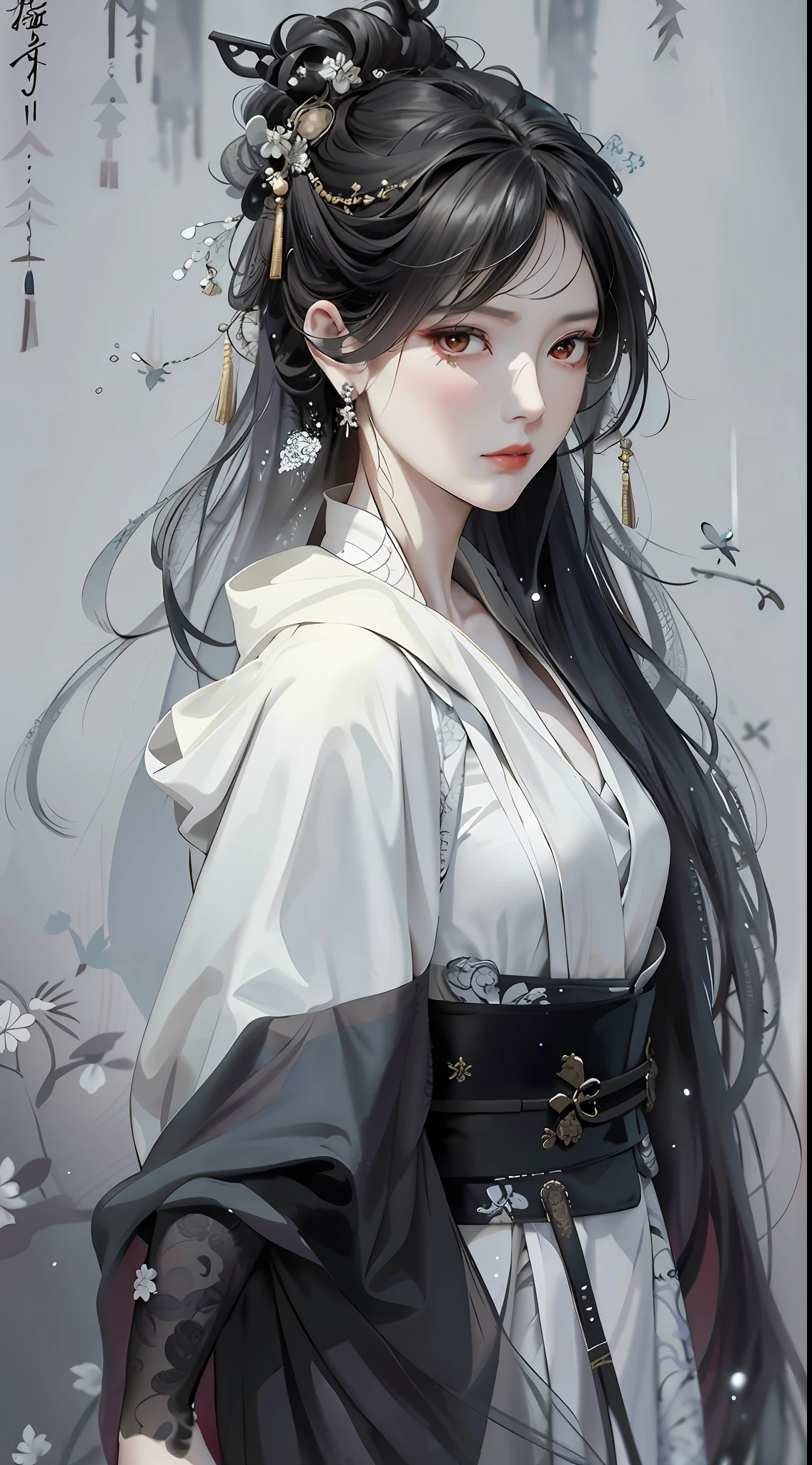 Masterpiece, Superb Style, Rainy Day, Chinese Style, Ancient China, 1 Woman, Light Gauze Dress, Ink Painting, Mature Woman, Silver-White Long Haired Woman, Hair Over Shoulder, Pale Pink Lips, Indifference, Seriousness, Bangs, Assassin, Sword, White Clothes, Blood, Facial Bloodstains, Facial Details, Correct Proportions, This painting was created in Guweiz style and depicts an oil painting of a woman with long hair. The entire painting features a palette of white and black. The woman's face is very realistic female faces, which are loved by the audience. Presented in a meticulous drawing style. The women's white hair is like snow, the eyes seem to be full of watery red eyes, exuding a mysterious atmosphere, the women are dressed in elegant and exquisite clothing, and the whole painting shows a high degree of skill.