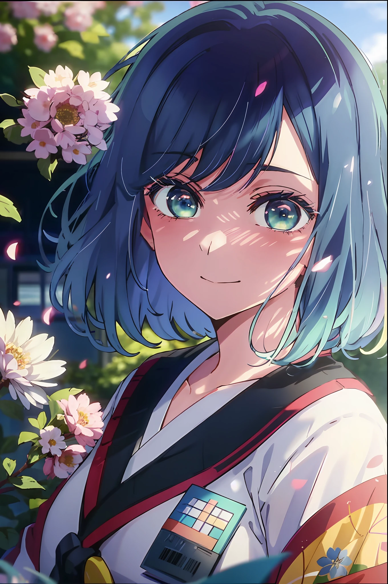 best quality, masterpiece, 2d, masterpiece, best quality, anime, highly detailed, cowboy shot, 1girl, solo, looking at viewer, smile, bangs, medium breast, blue hair, blue eyes,happy new year card with a girl in a kimono, happy!!!, anime cover, seasons!! : 🌸 ☀ 🍂 ❄, 2 0 2 2 anime style, 2022 anime style, けもの, anime visual of a cute girl, inspired by Eizan Kikukawa, haruno sakura, hanayamata, in style of kyoto animation,close up,((Looking at viewer))