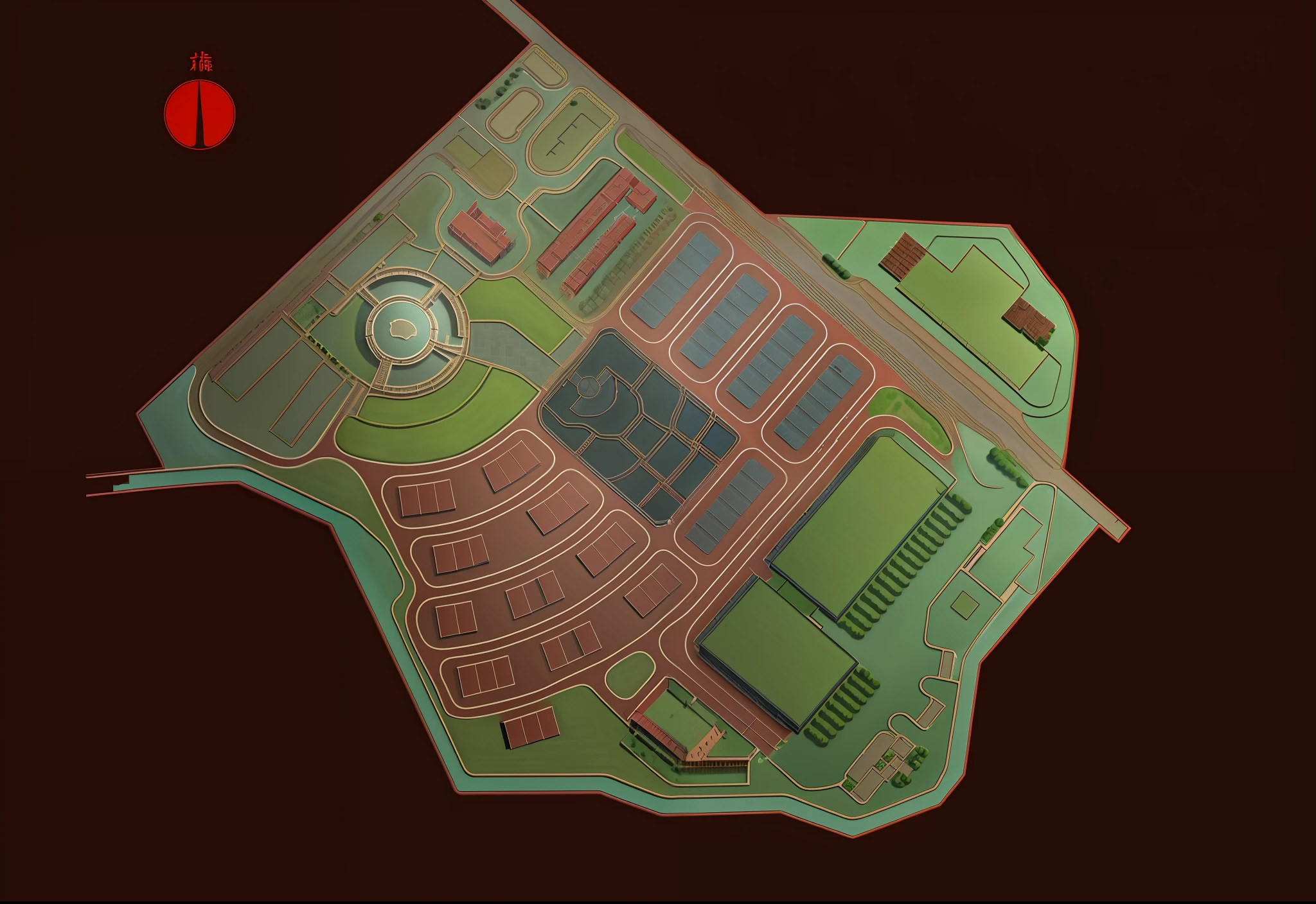 Whisky factory, plan, within the red line, manor-style design, Emei Mountain, wine warehouse, production buildings, roads, cyan part plunge waterfall