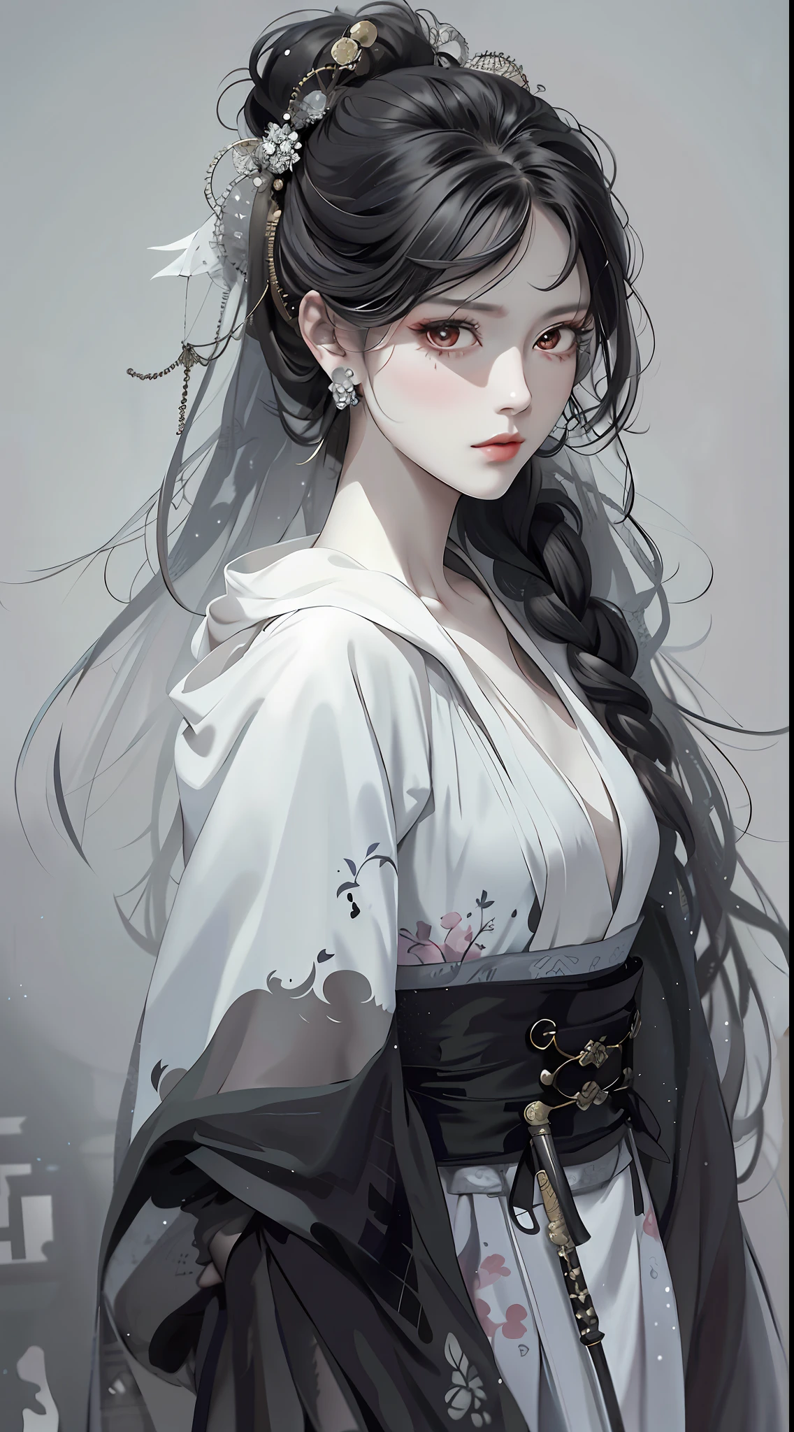 Masterpiece, Superb Style, Rainy Day, Chinese Style, Ancient China, 1 Woman, Light Gauze Dress, Ink Painting, Mature Woman, Silver-White Long Haired Woman, Hair Over Shoulder, Pale Pink Lips, Indifference, Seriousness, Bangs, Assassin, Sword, White Clothes, Blood, Facial Bloodstains, Facial Details, Correct Proportions, This painting was created in Guweiz style and depicts an oil painting of a woman with long hair. The entire painting features a palette of white and black. The woman's face is very realistic female faces, which are loved by the audience. Presented in a meticulous drawing style. The women's white hair is like snow, the eyes seem to be full of watery red eyes, exuding a mysterious atmosphere, the women are dressed in elegant and exquisite clothing, and the whole painting shows a high degree of skill.