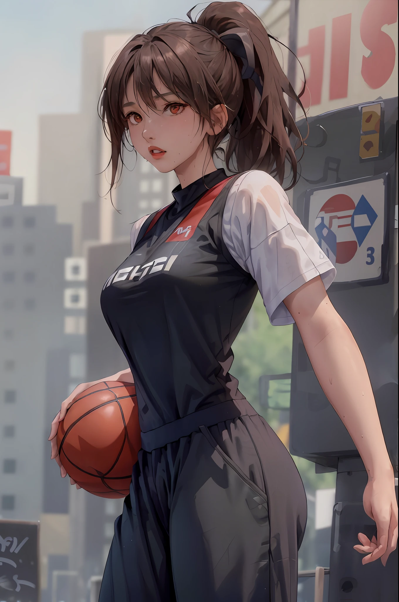 Masterpiece: 1.2, best quality), realistic, (real picture, rich details details, depth of field), (1girl, solo), makeup, cleft lip, high detail, perfect face shape, (small breasts: 1.4), (skindentation), thick thighs, Wide hips, thin waist, tall, coral, red lips, red eyes, ponytail, ((((basketball girl, black basketball suit, mid-length pants))), (sweat: 1.2), (wet), sexy, blushing, sweaty