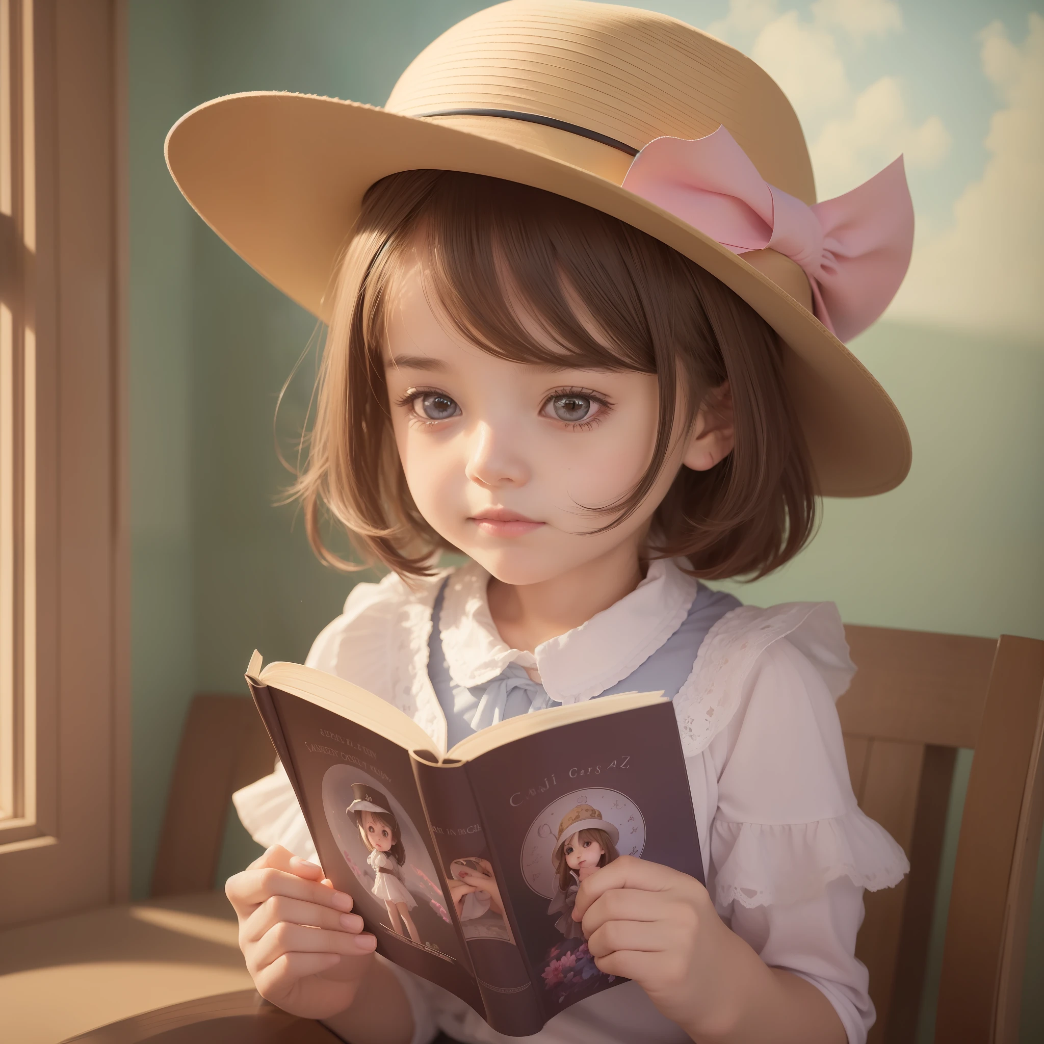 a wearing a hat and reading a book, realistic cute girl painting, kawaii realistic portrait, adorable digital painting, cgsociety 9, storybook art, carlos ortega elizalde, realistic anime art style, photorealistic anime girl render, beautiful character painting, realistic anime style at pixiv, beautiful fantasy art portrait, beautiful digital painting, childrens book art