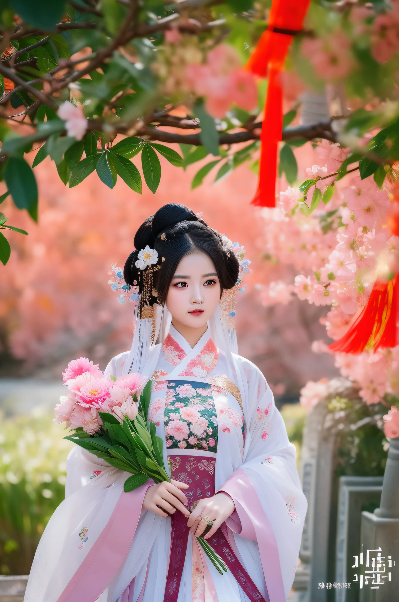 araffe woman in a traditional dress holding a bouquet of flowers, palace ， a girl in hanfu, wearing ancient chinese clothes, traditional chinese clothing, hanfu, chinese princess, chinese woman, ancient chinese princess, chinese costume, traditional chinese, chinese empress, with acient chinese clothes, chinese style, white hanfu, flower queen, geisha photo portrait