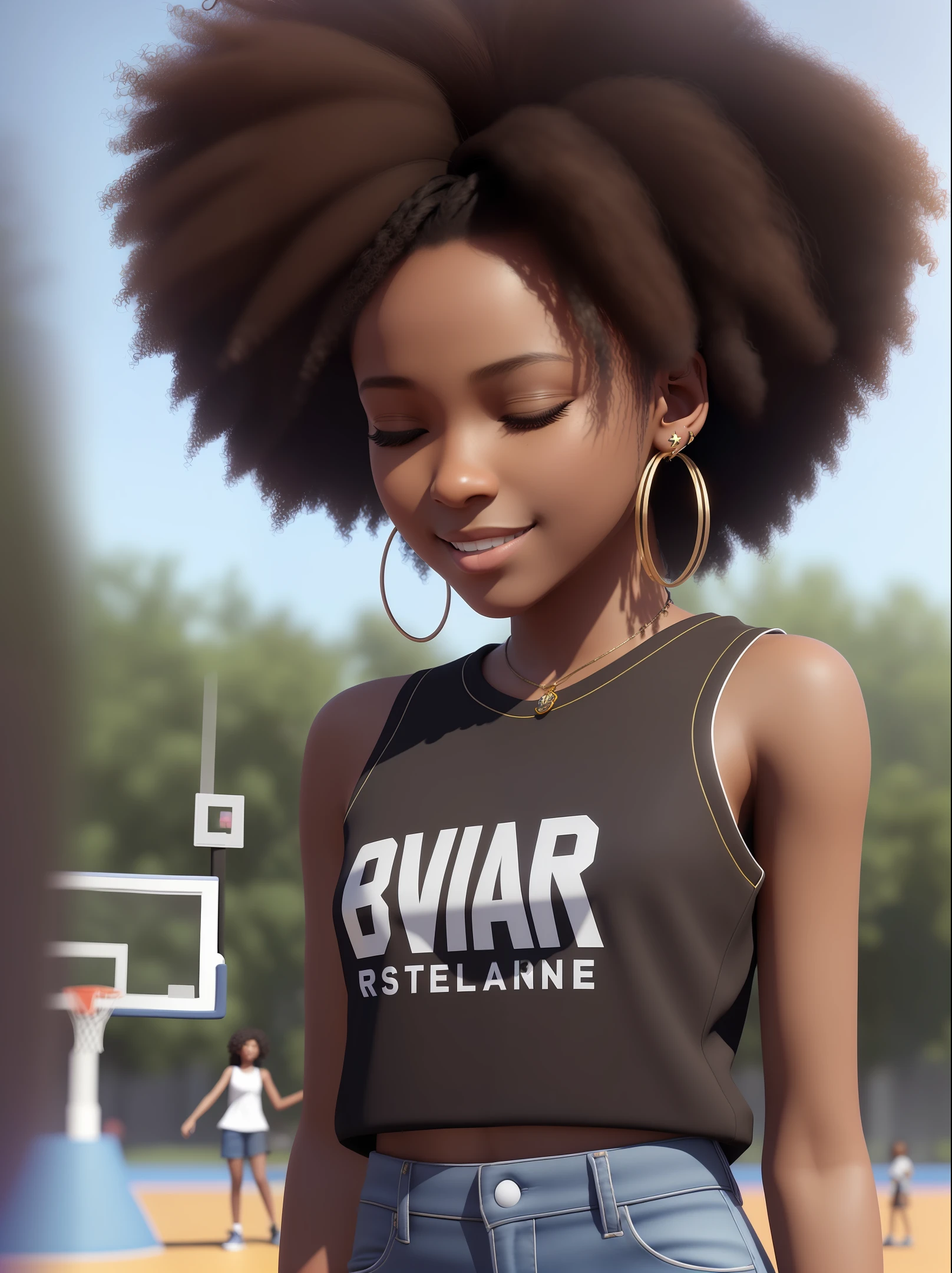 3D rendering of  girl (dark brown skin color) beautiful, afro-Brazilian, cute open smile, ((basketball court)) ((eyes closed)), ((chibi)) wearing t-shirt and jeans, current fashion, long hair braided afro kanekalon, (((accessories, earrings)), street background, sunny day, close-up, product vision, detailed facial details, perfect face, trend art, sharp facial details,  CGSOCIETY, ultra-quality digital art, hyper-exquisite details, soft lighting 4K, 8K, dreamer, fashion, unreal engine rendering