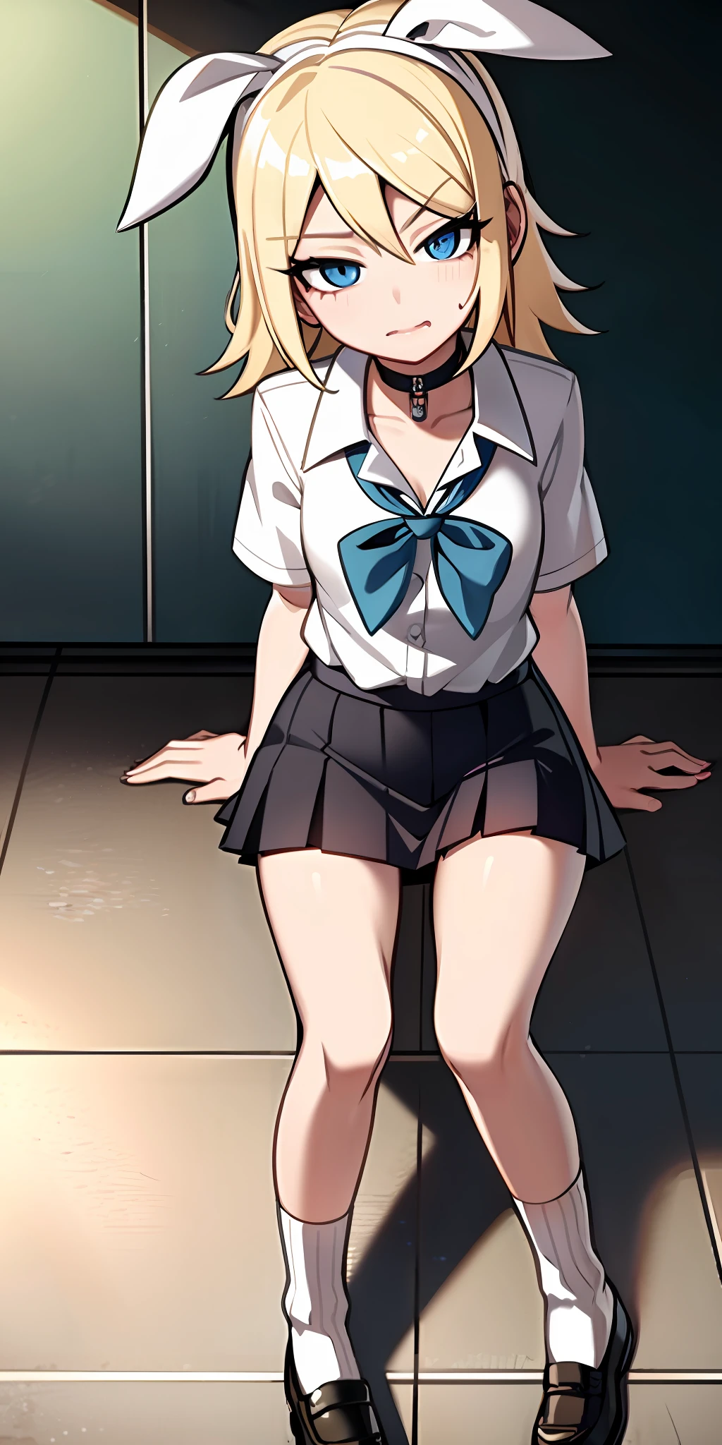 Kagamine rin, schoolgirl clothes, blonde hair, blue eyes, pink lips, long hair, white socks, choker with a blue bow, using cell phone