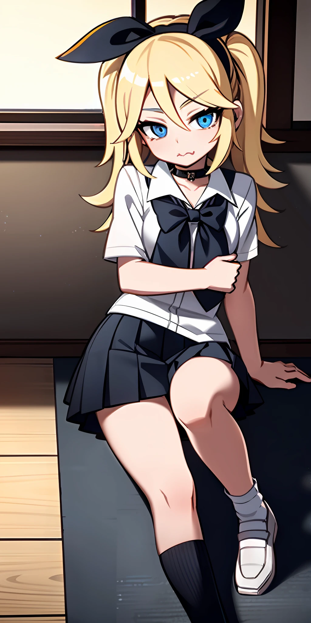 Kagamine rin, schoolgirl clothes, blonde hair, blue eyes, pink lips, long hair, white socks, choker with a blue bow, using cell phone