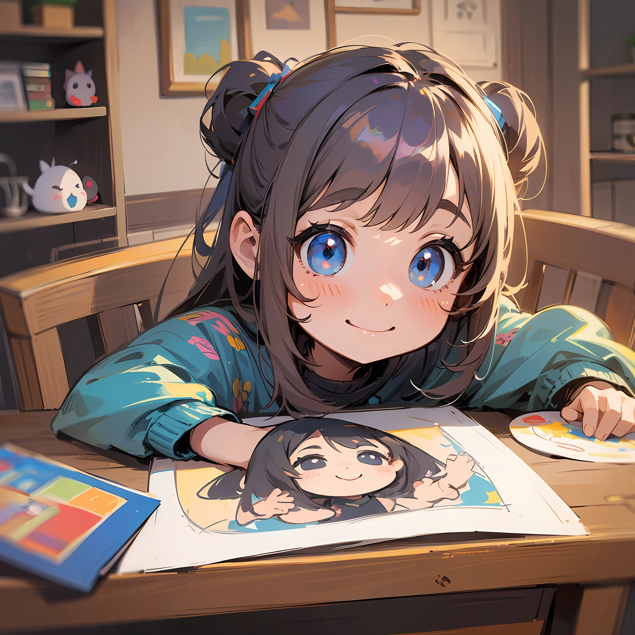 Little girl drawing at table, fat face, big eyes, cute, smiling face --auto --s2