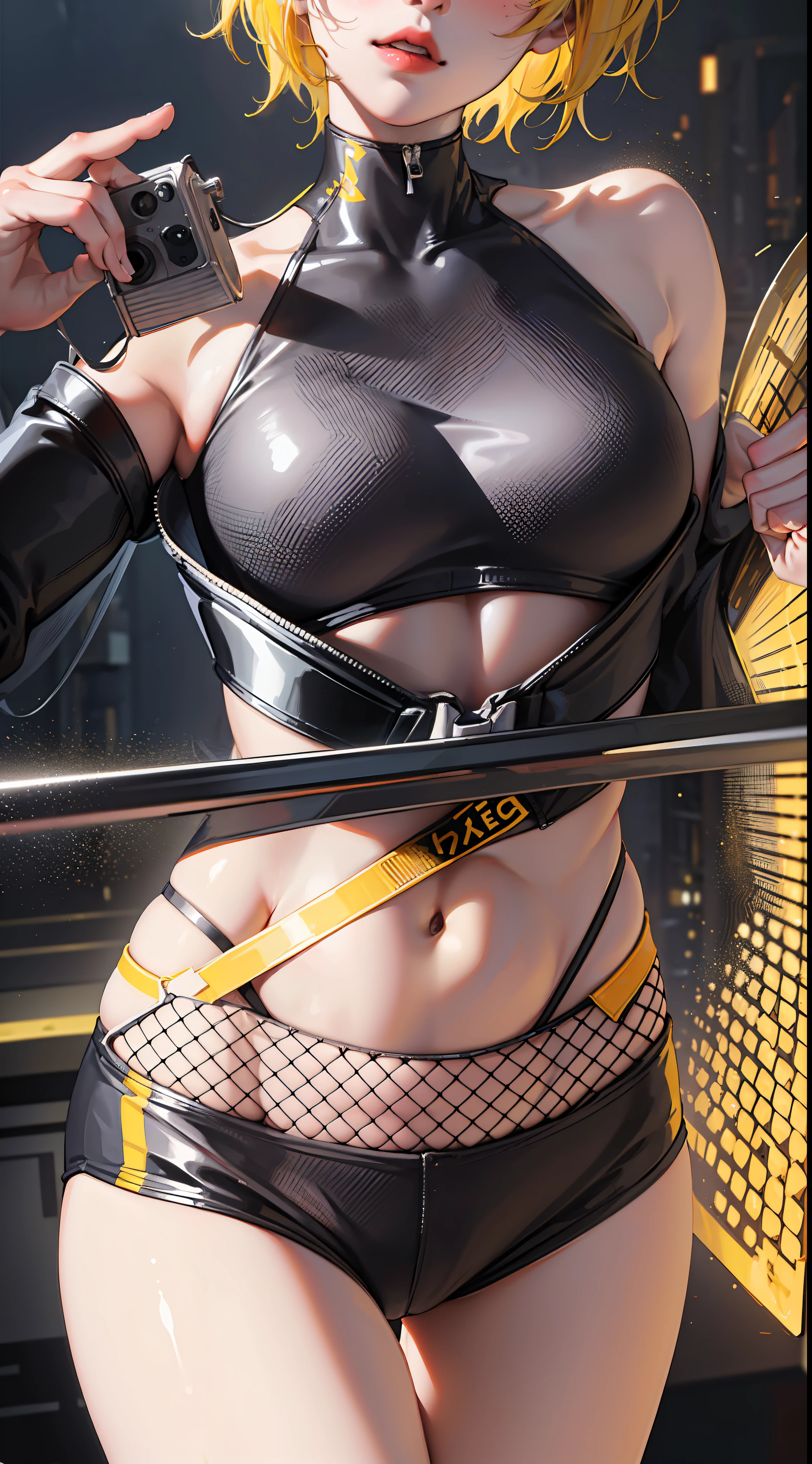 (Press Conference 1.5), (Countless Microphones Pointed at Her), (Holding High Championship Trophy 1.5), (Interviewing Reporters 1.5), (Proud and Confident Eyes), (Wide-range Shots), (Countless Cameras), (Flash Shooting), (Yellow Hair 1.5) (Ultra Short Hair 1.5), (Cleavage), (Larger Boobs), (Dynamic Movement), (Vivid and Vibrant), (Tight Swimsuit), (Shut Up), (Small and Flexible), (draped in oversized white towel 1.5), (best quality), flash close-up, global illumination, screen space global illumination, ray traced global illumination, optical, scattering, glow, shadow, rough, flickering, harsh lighting,