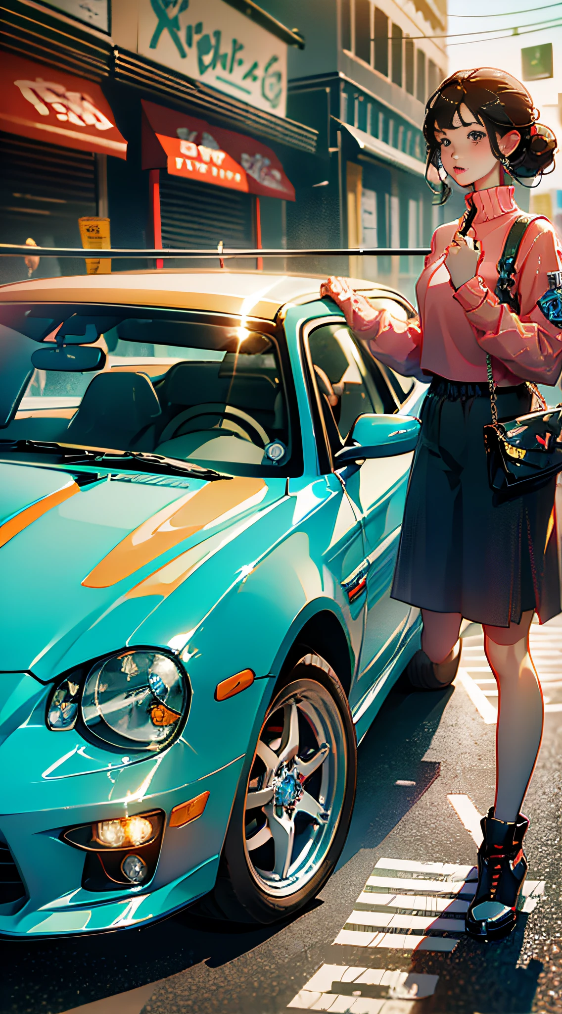 (Manga Style: 1.8), (Girl: 1.2), (Urban Street), (Sports Car on the Side) --auto --s2