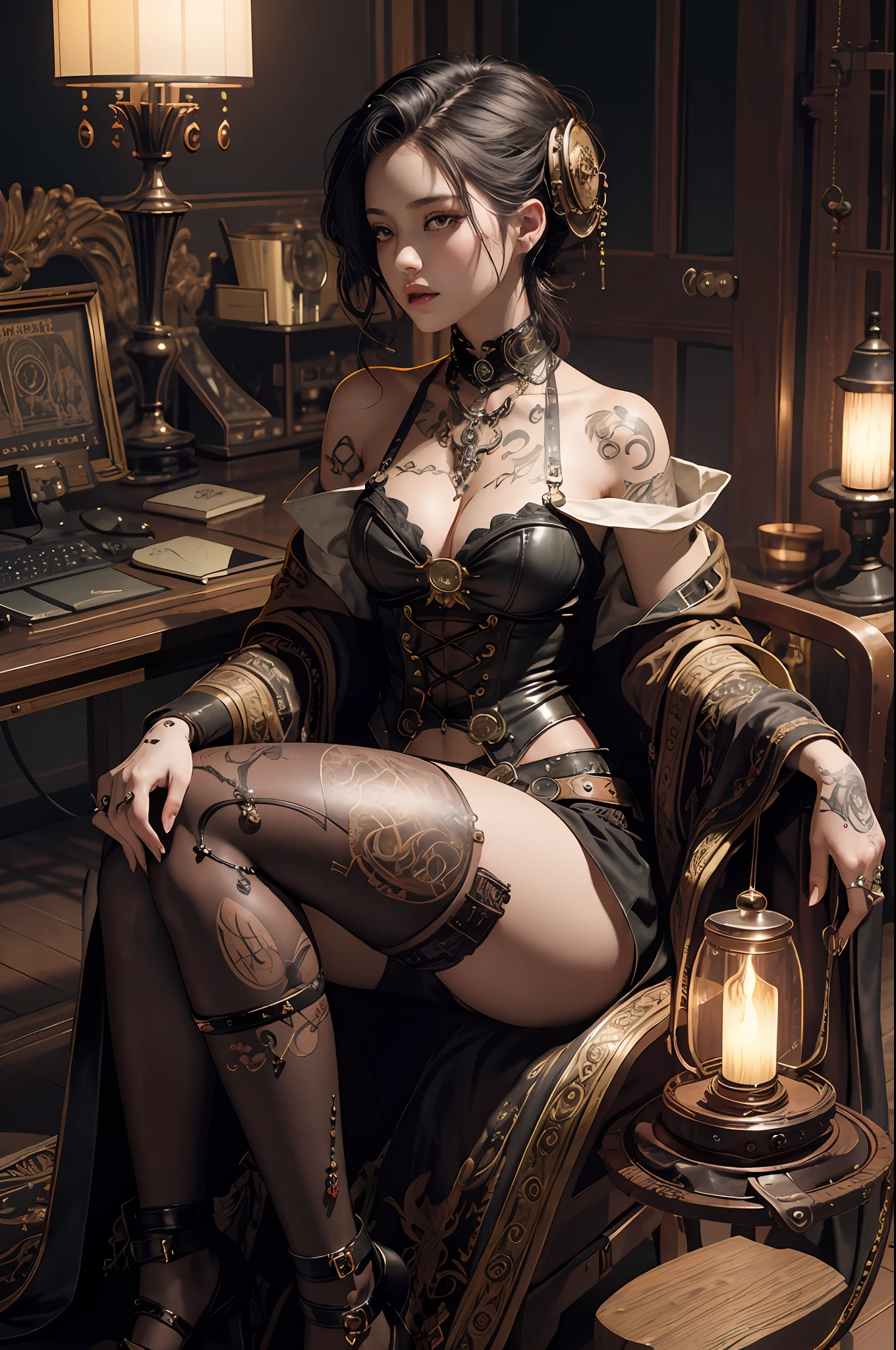 Official Art, Steampunk Style, Unity 8k Wallpaper, Super Detailed, Beautiful, Beautiful, Masterpiece, Top Quality, Too Classy, Unrivaled, Romanticism, Erotic, Contemplation, Emotional Depth, Supernatural, Nasty, 1 Girl, Full Body Japanese Tattoo, Full Body Piercing, Solo, Shot from Neck, Thigh Up