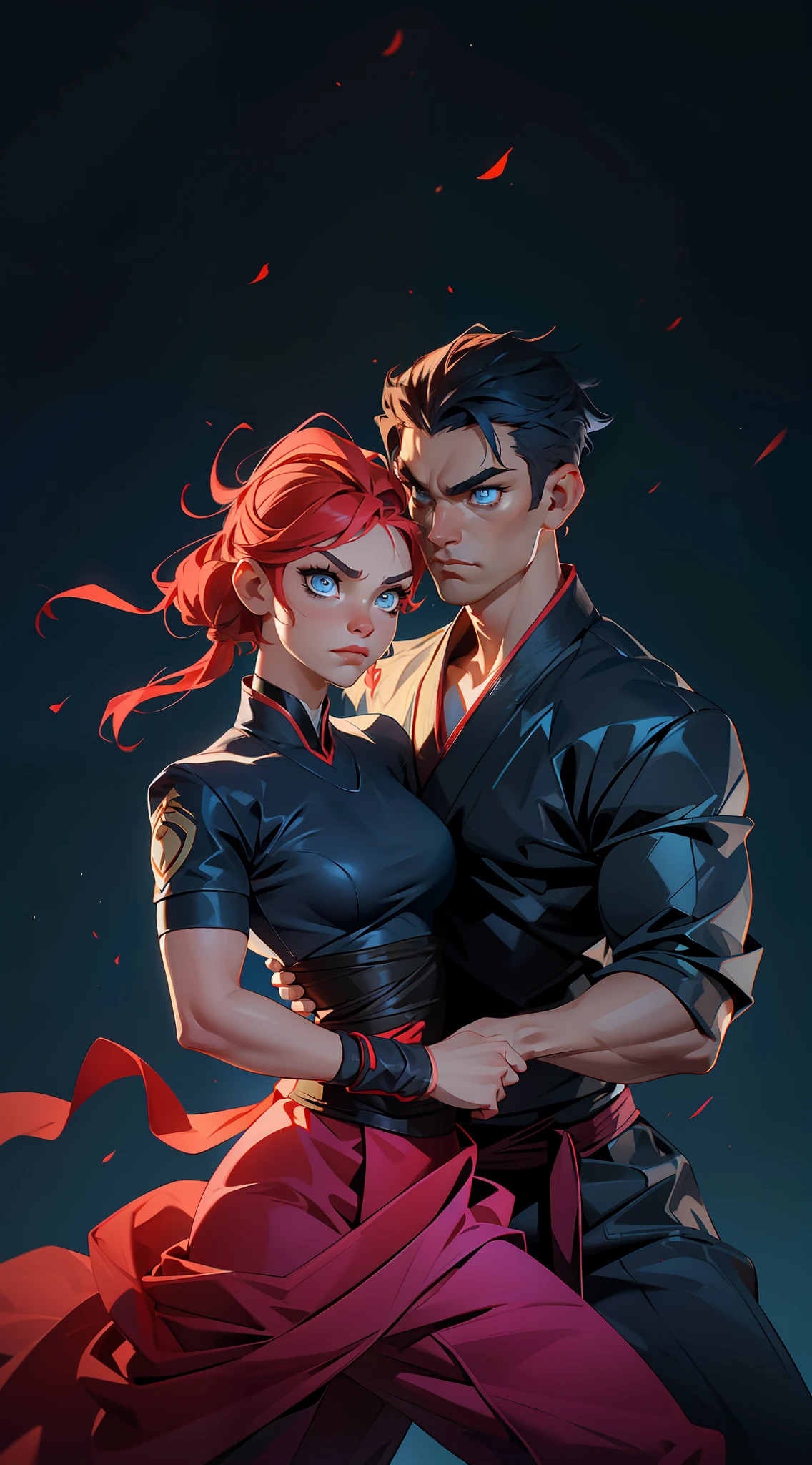"Intense martial arts action awaits with our (1.2)marital arts fighter, perfectly accentuated by their (1.2)vibrant hair. Catch the fire in (bright blue)eyes as they take on any challenge with (dynamic)pose and fast-paced movements, all searing under the heat of (intense)lighting."