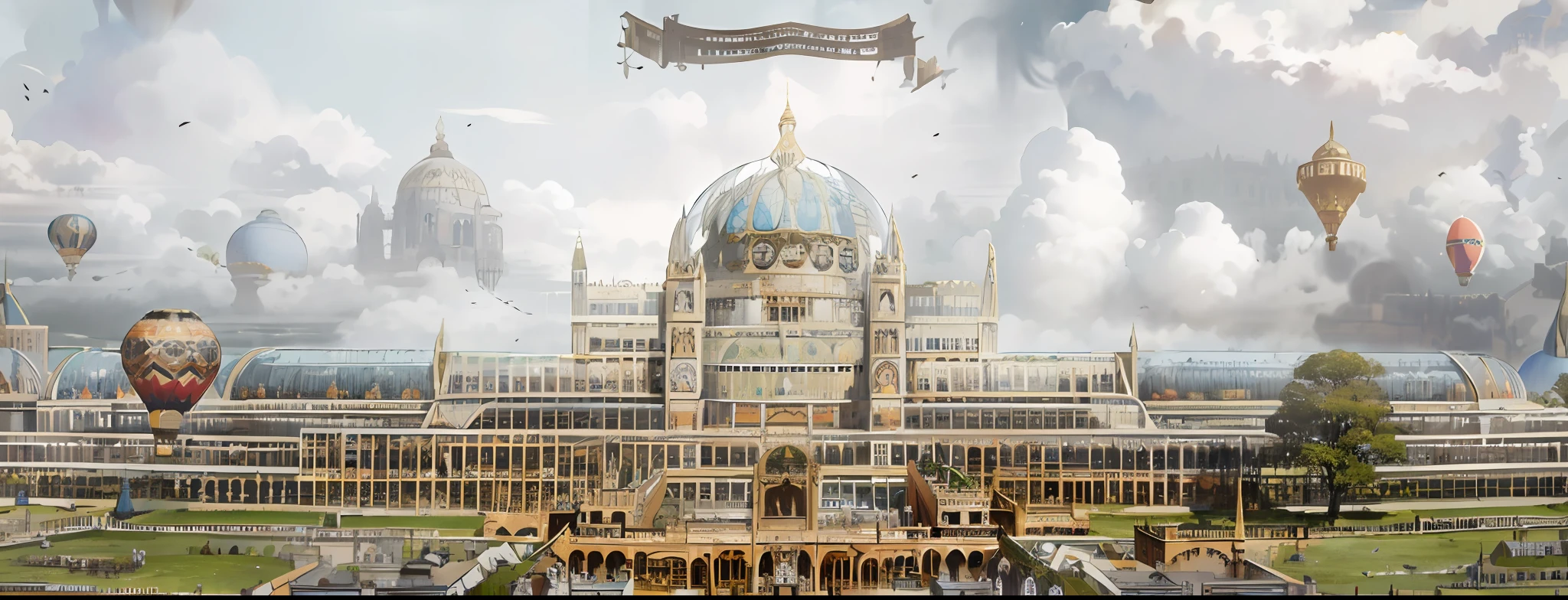 there are many hot air balloons flying over a building, victorian steampunk mega city, a crystal palace, victorian steampunk city vista, extravagant matte painting, elaborate matte painting, intricate matte painting, crystal palace, inspired by Matthias Jung, very far royal steampunk castle, cloud palace, surreal matte painting, inspired by John Atkinson Grimshaw, hyperdetailed matte painting, symmetric matte painting