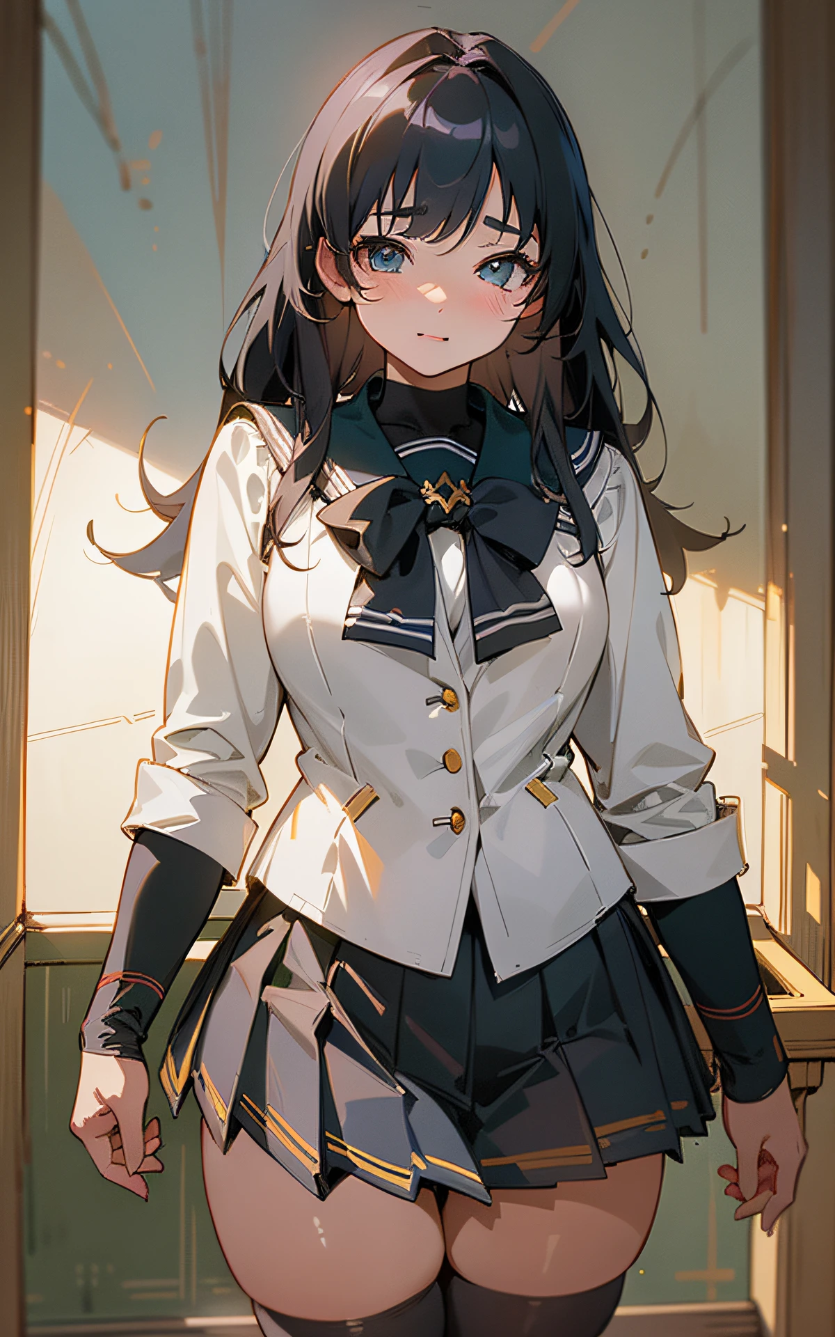 (Original Character、Unity 16K Wallpaper, Masterpiece, Best Quality, Ultra-Detailed, Extremely Detailed CG, Caustics, Cinematic Lighting, Detailed, Beautiful Detailed Eyes, NSFW:1.8, solo、oily skin、16yers old), Ultra High Resolution, fine skin, (cute: 1.2,high school uniform、sailor suit、pleated skirt), (strong light)、((thick outline、black outline、brighten the subject))、