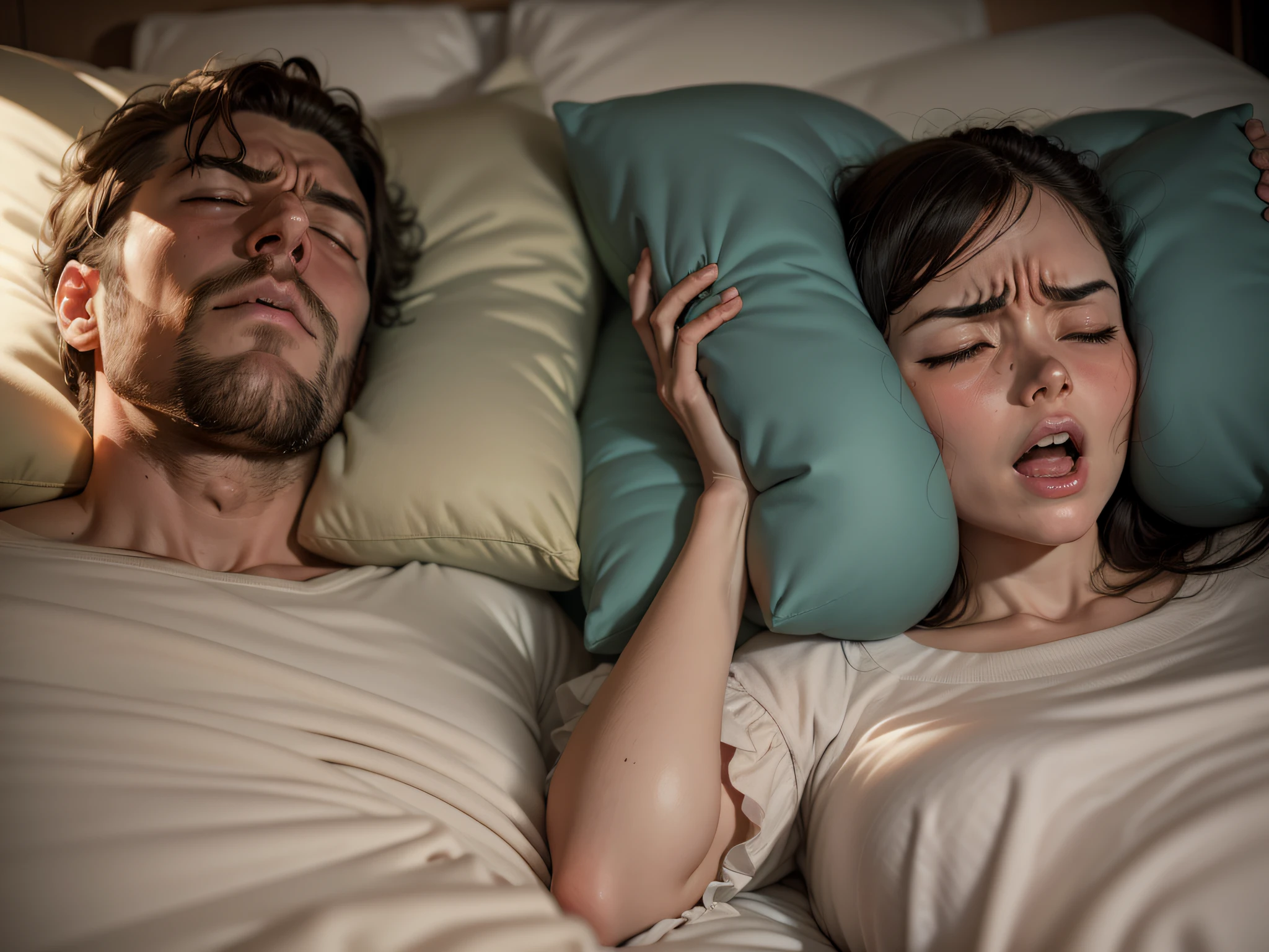 retro anime comic style, man snoring loudly while sleeping next to his stressed, angry wife. The wife, unable to stand the deafening noise, covers her ears with a pillow in a desperate attempt to find some relief. Explore the emotions and dynamics between the couple in this sleep deprivation scenario. Immerse yourself in the wife's frustration, anger, and exhaustion, as well as her fleeting moments of compassion for her husband --auto --s2
