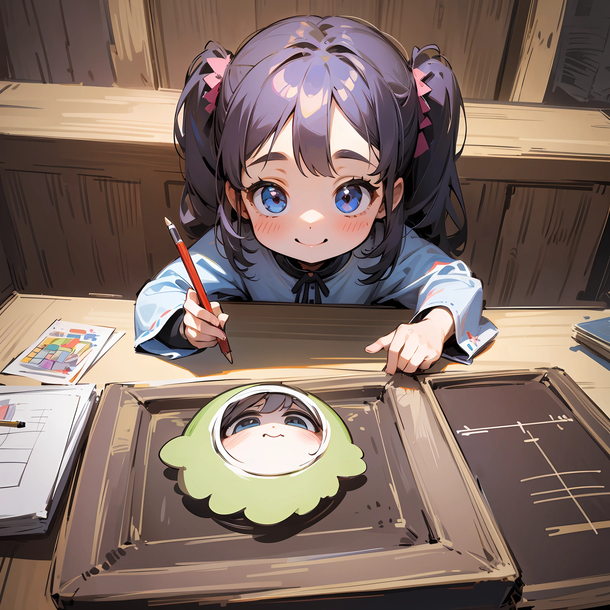 *********** drawing at table, fat face, big eyes, cute, smiling face --auto --s2