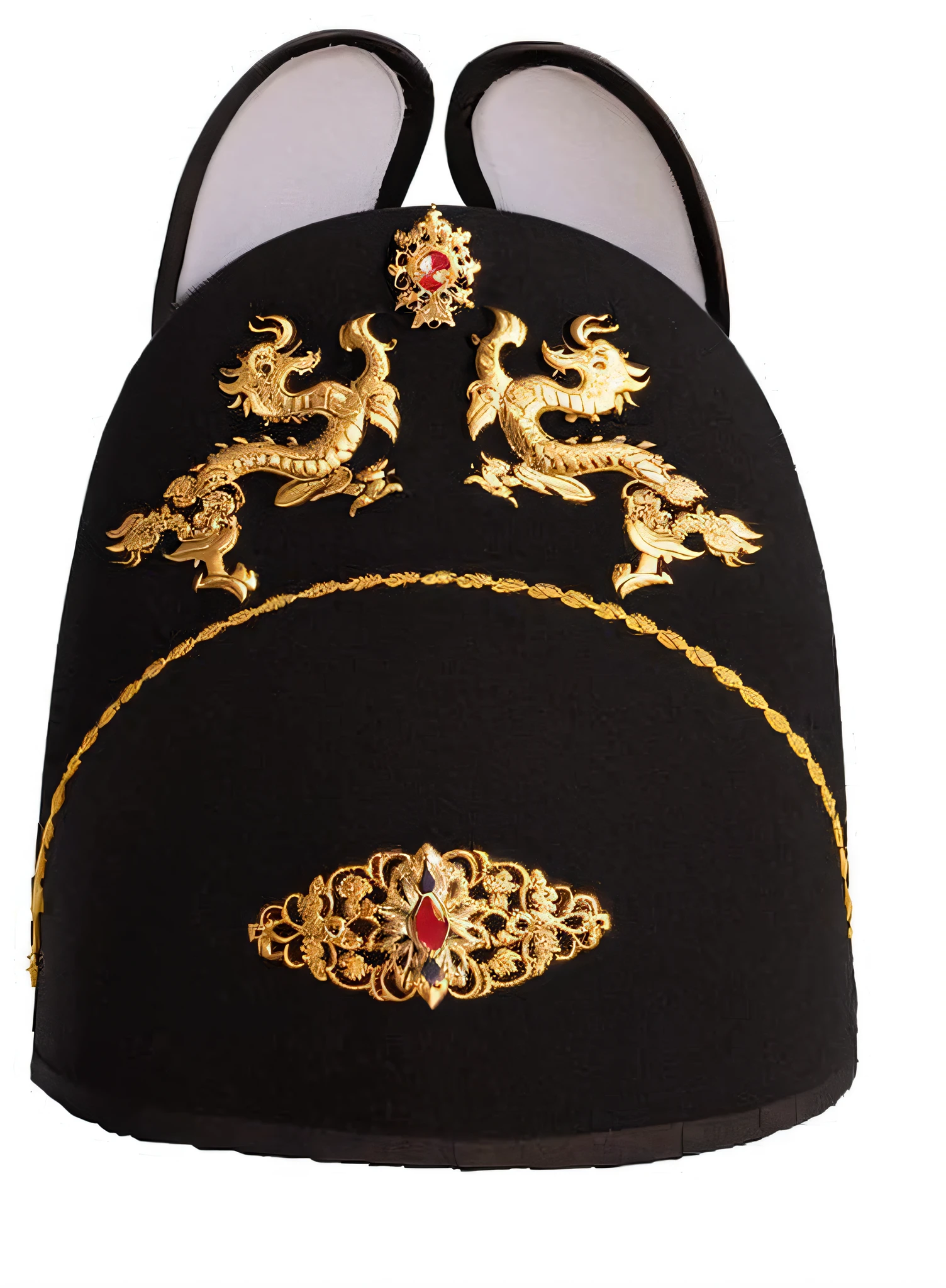 a close up of a black hat with gold dragon embroidery, embroidered uniform guard, ornate with gold trimmings, inspired by Guo Xi, traditional chinese, gold embroidery, inspired by Miao Fu, ornate turban, inspired by Xuande Emperor, gilded black uniform, dragon shaped helmet, traditional tai costume, ornate crystal crown hood, black pointed hat, decorated with opera motifs