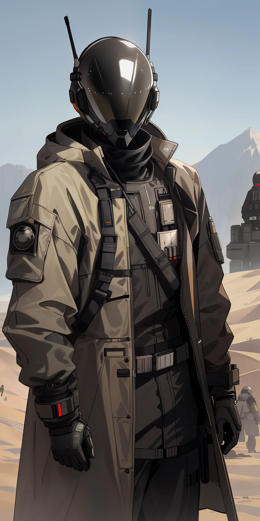 there is a man in a helmet and a coat standing in the desert, techwear look and clothes, wearing space techwear, future techwear, model is wearing techtical vest, techwear clothes, futuristic techwear, techwear fashion, techwear, wearing techwear and armor, focus on anti-g flight suit, wearing urban techwear, wojtek fus